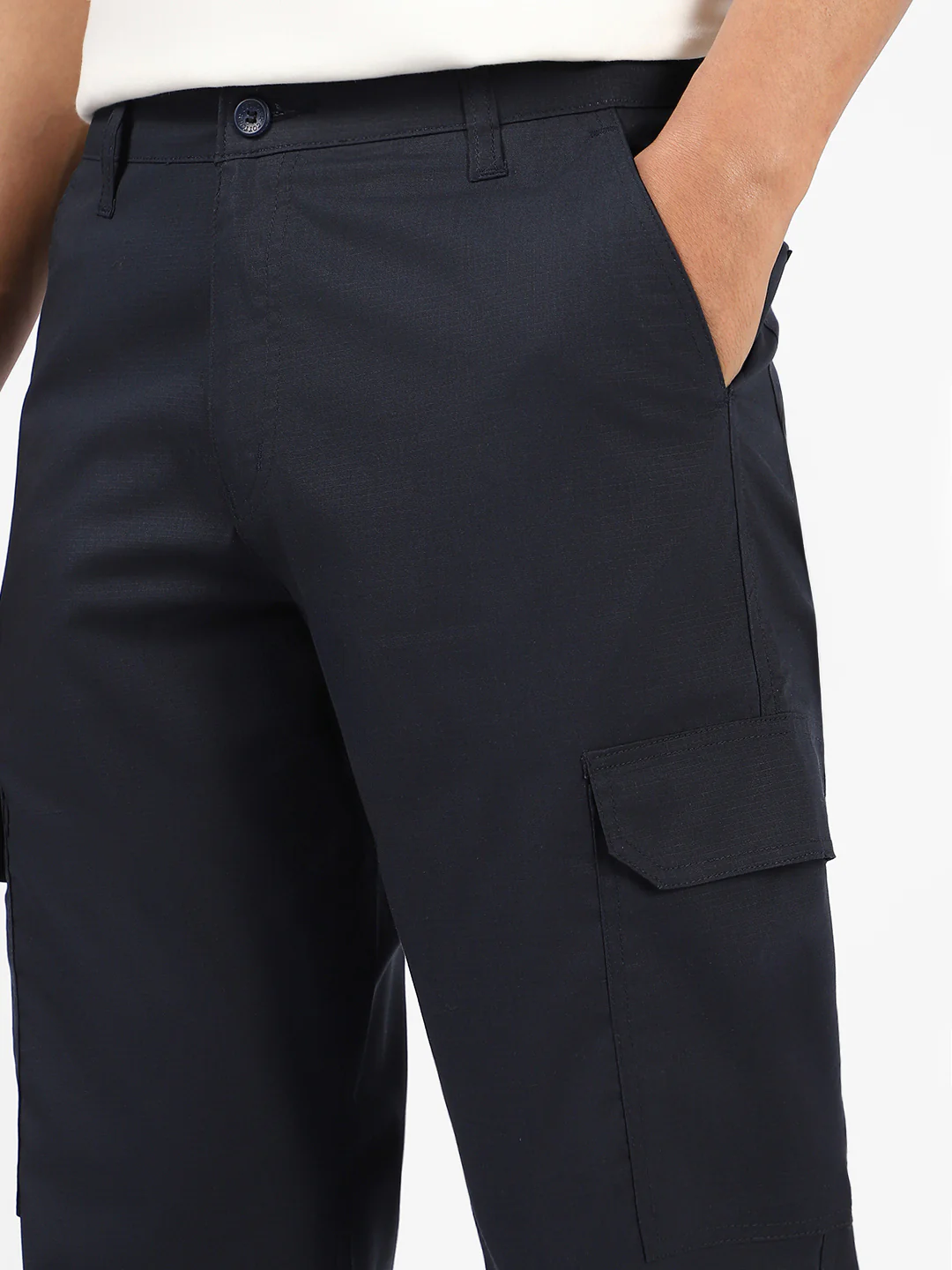 Men's Navy Blue Regular Fit Solid Cargo Chino Pant With 6 Pockets - Image 6