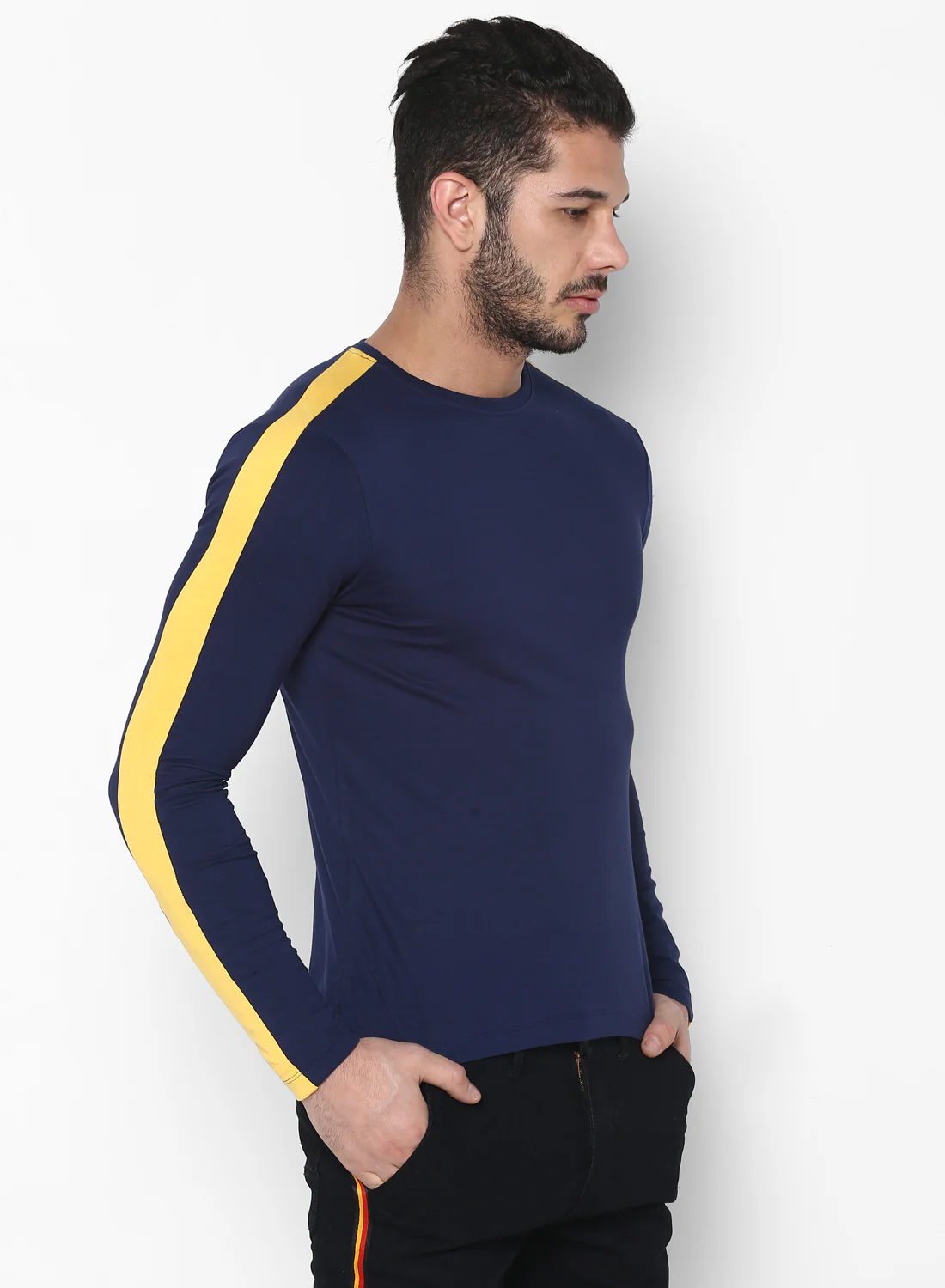 Men's Navy Blue Side Striped Full Sleeve Cotton T-Shirt - Image 2