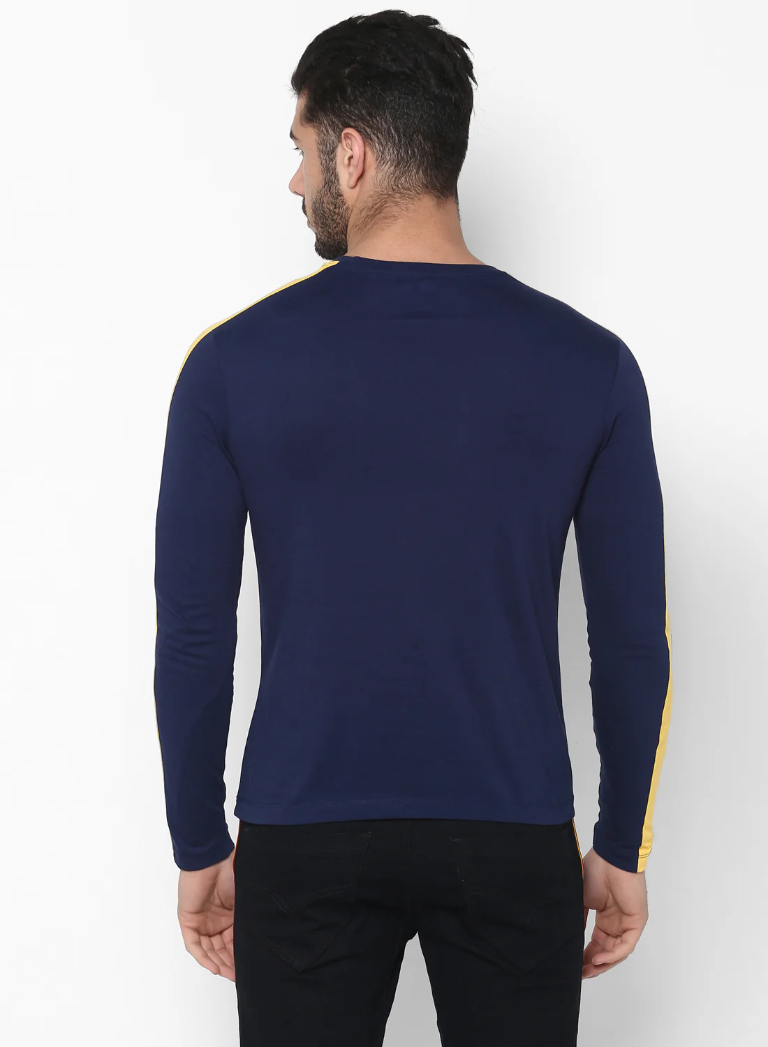 Men's Navy Blue Side Striped Full Sleeve Cotton T-Shirt - Image 3