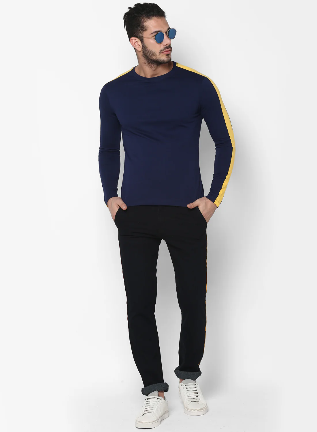 Men's Navy Blue Side Striped Full Sleeve Cotton T-Shirt - Image 4