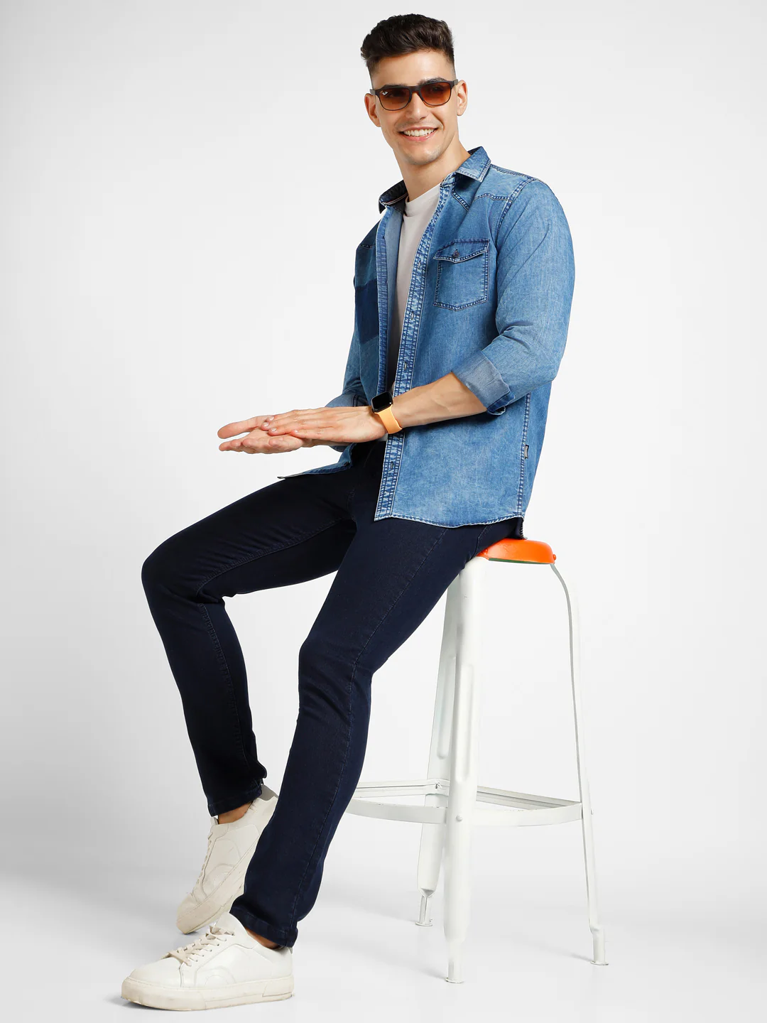 Men's Navy Blue Slim Fit Washed Jeans Stretchable - Image 4
