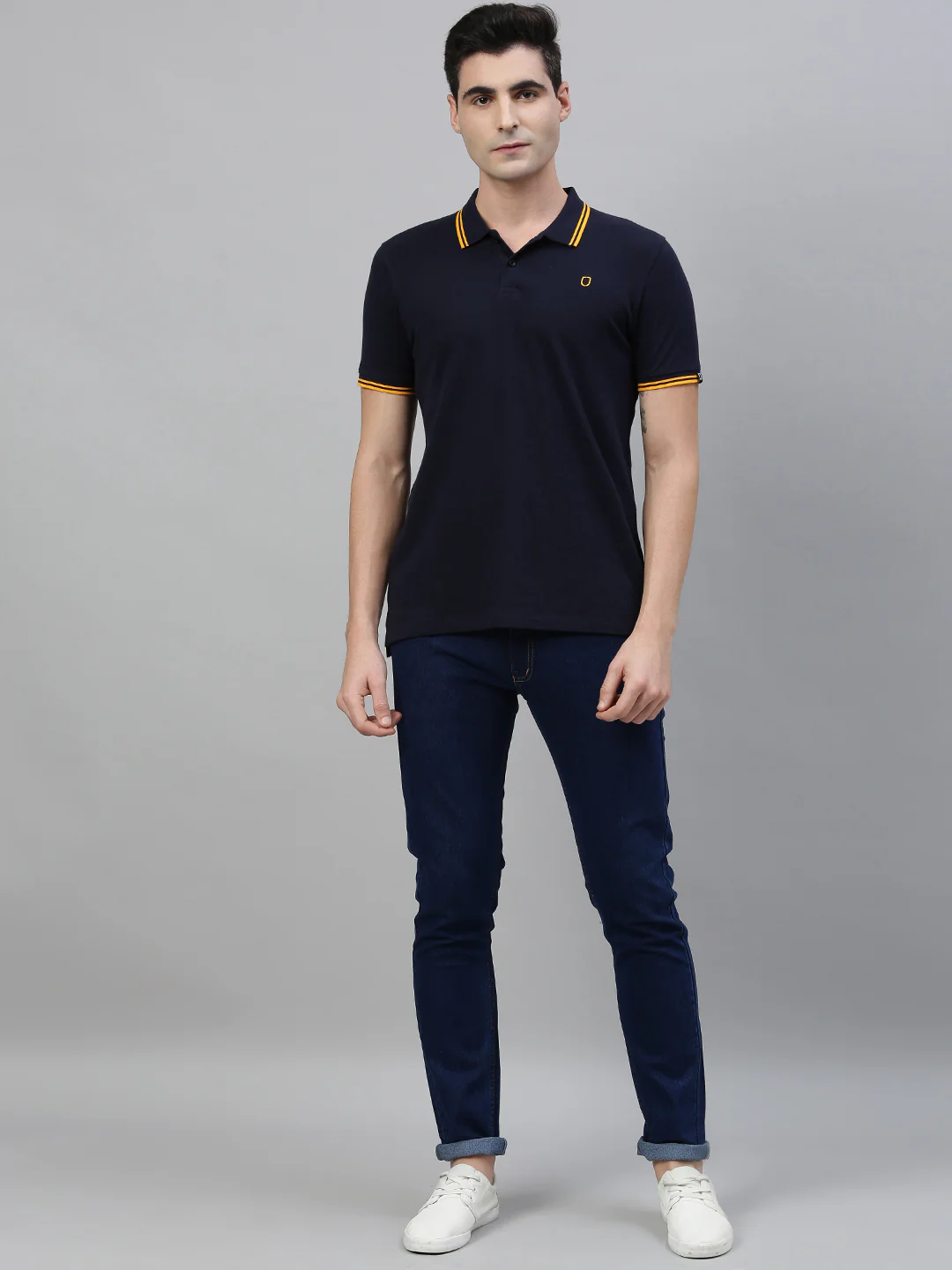 Men's Navy Blue Solid Cotton Slim Fit Polo T-Shirt - Image 3