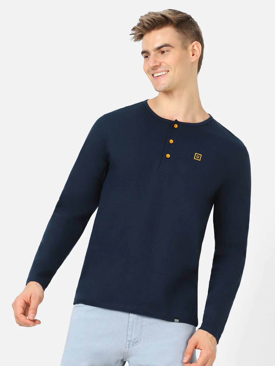 Men's Navy Blue Solid Henley Neck Slim Fit Cotton T-Shirt - Image 2