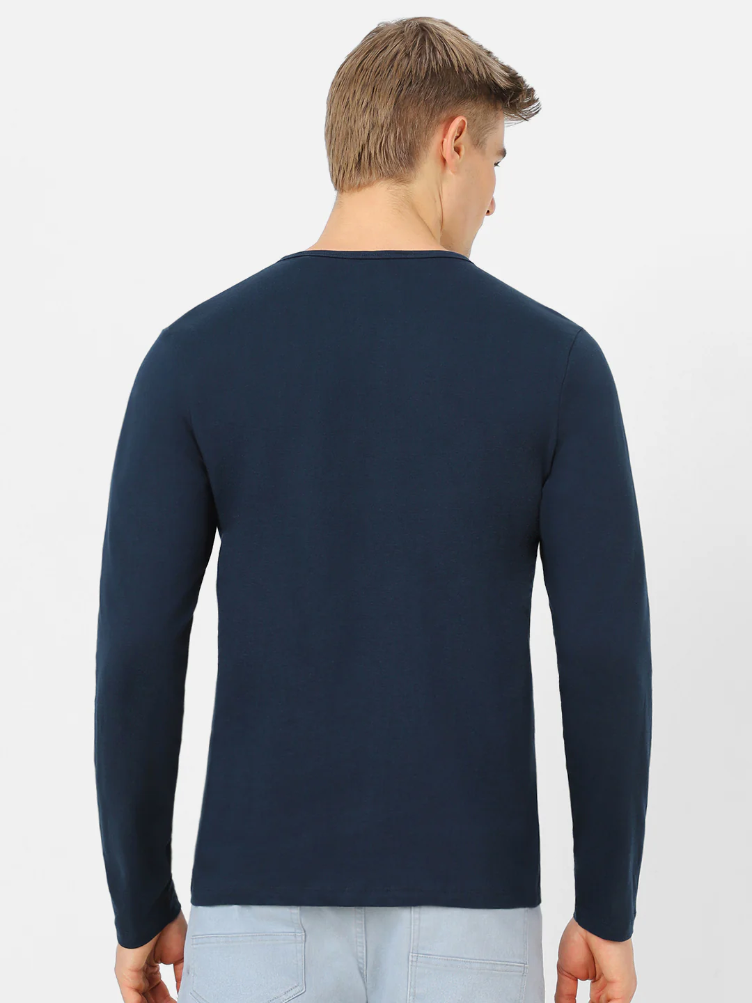 Men's Navy Blue Solid Henley Neck Slim Fit Cotton T-Shirt - Image 4