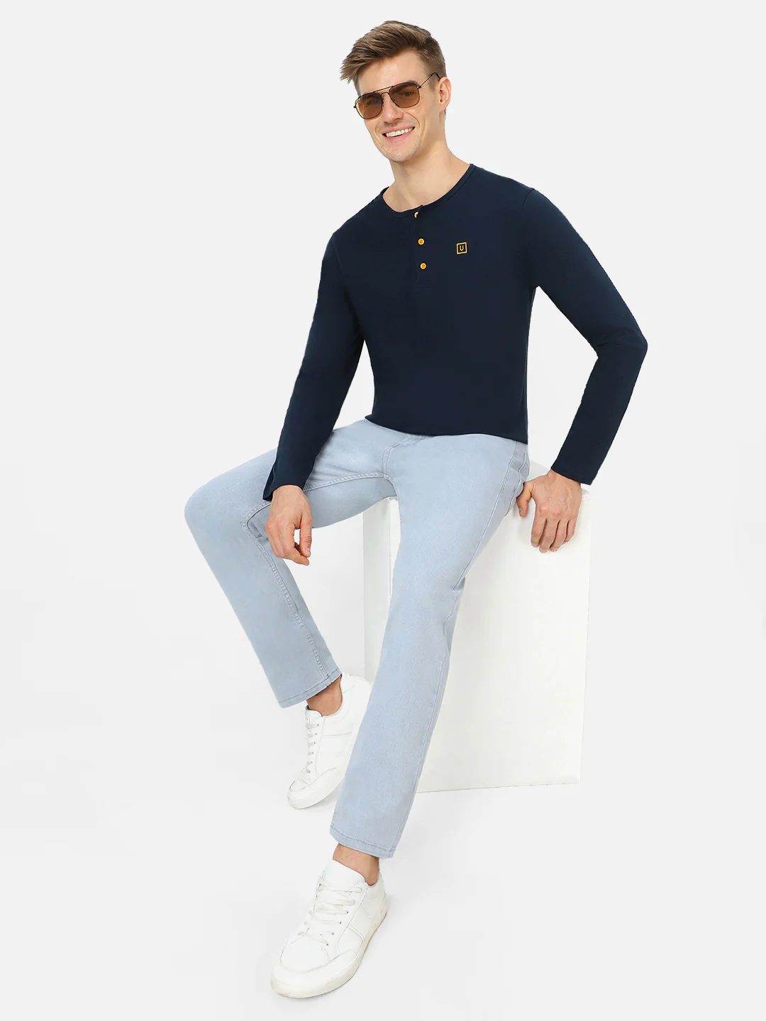 Men's Navy Blue Solid Henley Neck Slim Fit Cotton T-Shirt - Image 5