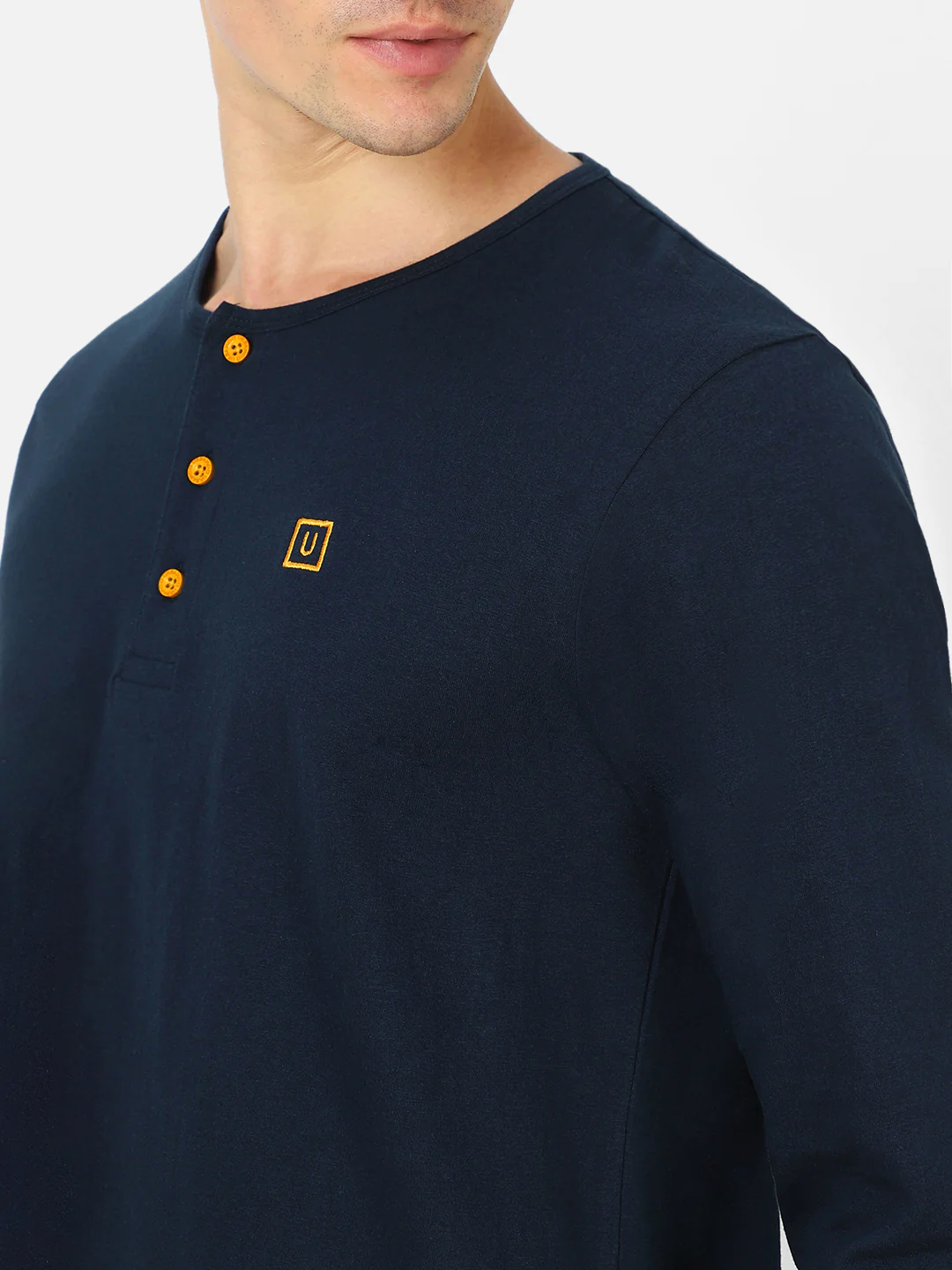 Men's Navy Blue Solid Henley Neck Slim Fit Cotton T-Shirt - Image 6