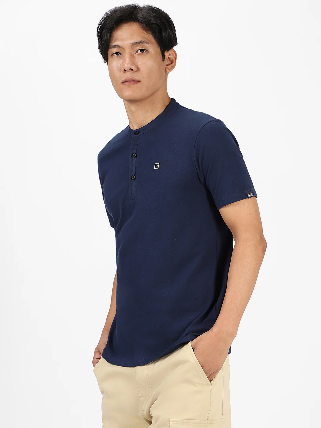 Men's Navy Blue Solid Mandarin Collar Slim Fit Cotton T-Shirt - Image 3