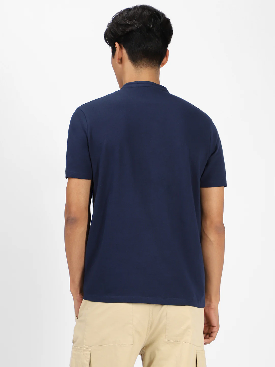 Men's Navy Blue Solid Mandarin Collar Slim Fit Cotton T-Shirt - Image 4