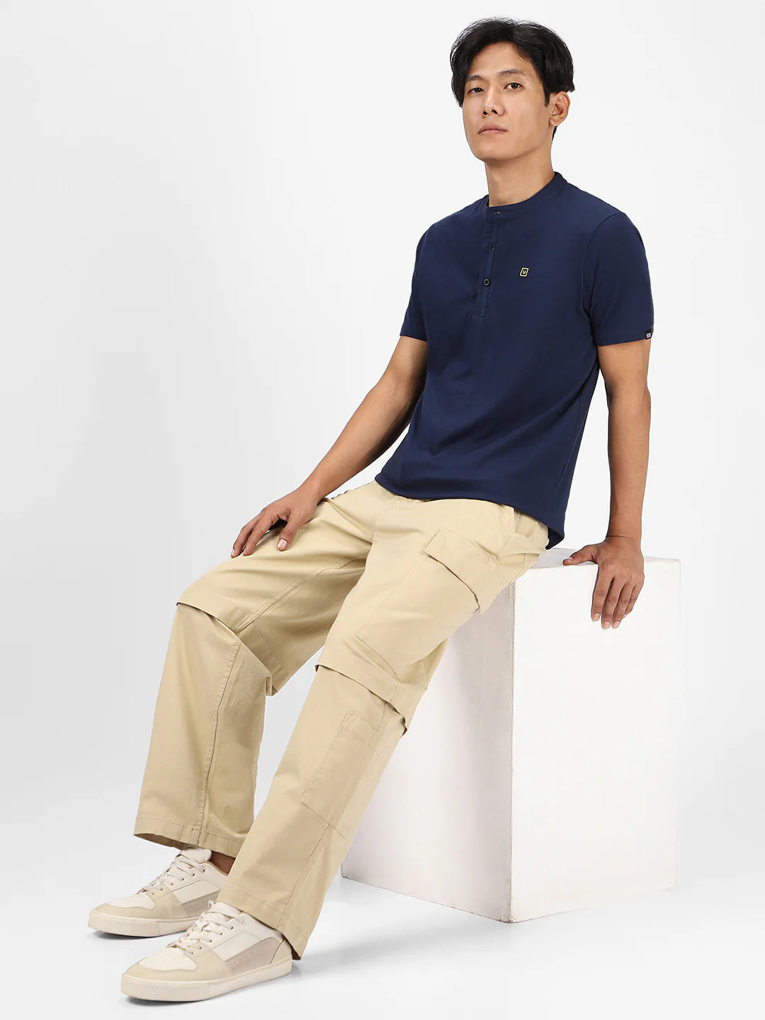 Men's Navy Blue Solid Mandarin Collar Slim Fit Cotton T-Shirt - Image 5