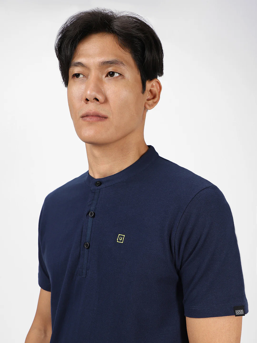 Men's Navy Blue Solid Mandarin Collar Slim Fit Cotton T-Shirt - Image 6