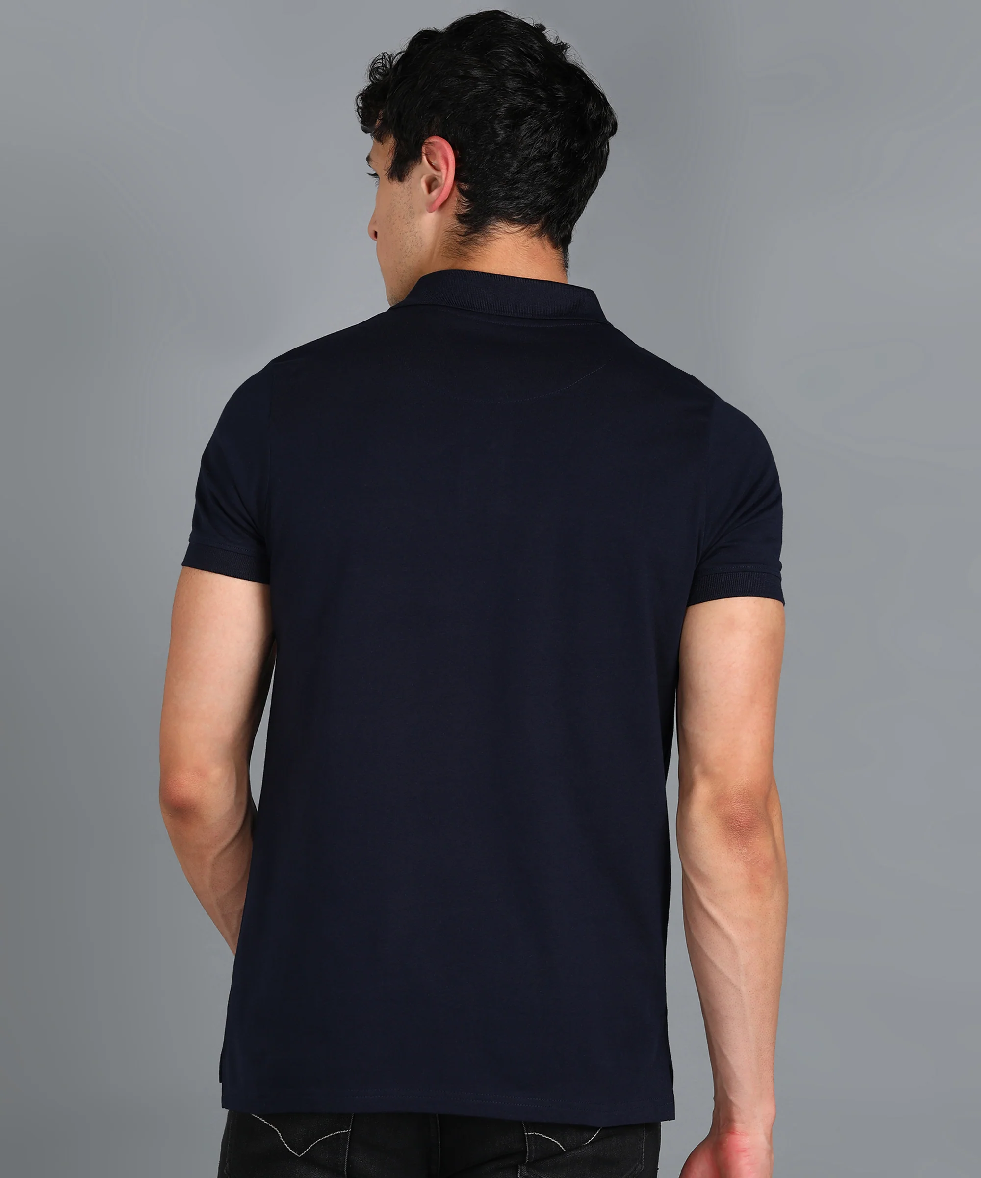 Men's Navy Blue, White, Gold Colour-Block Slim Fit Half Sleeve Cotton Polo T-Shirt - Image 3