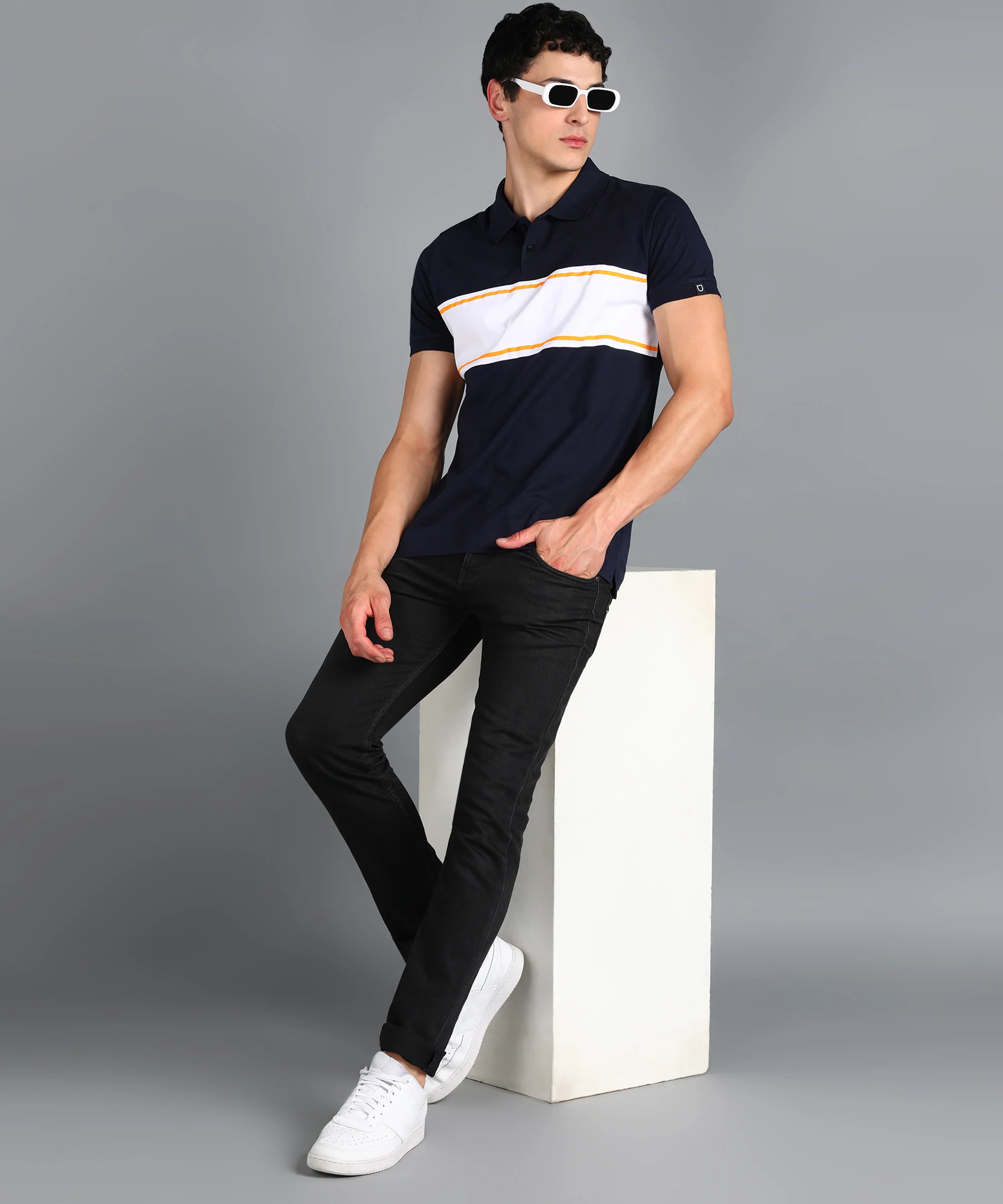 Men's Navy Blue, White, Gold Colour-Block Slim Fit Half Sleeve Cotton Polo T-Shirt - Image 4