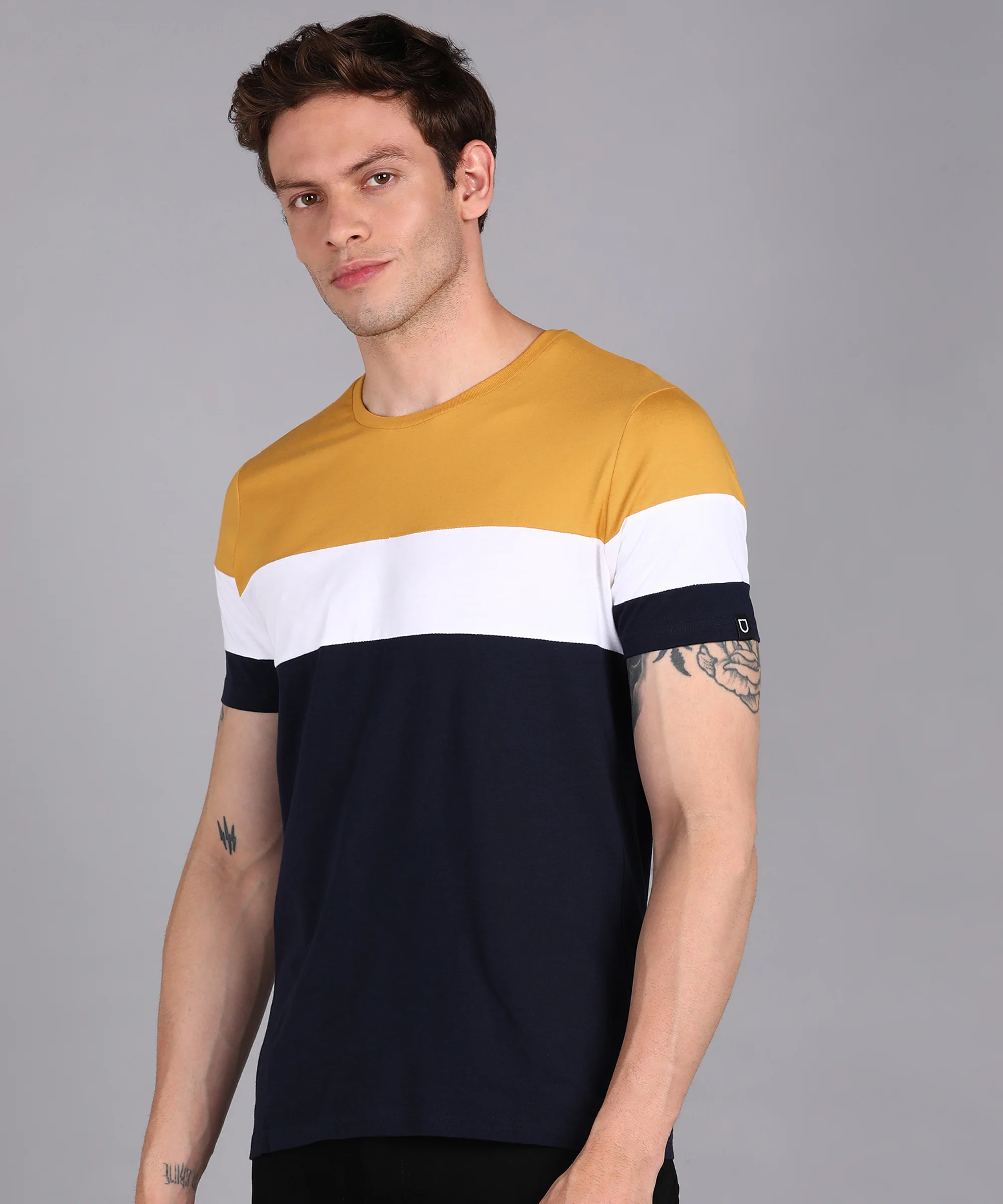 Men's Navy Blue, White, Gold Cotton Color-Block Slim Fit Half Sleeve T-Shirt - Image 2
