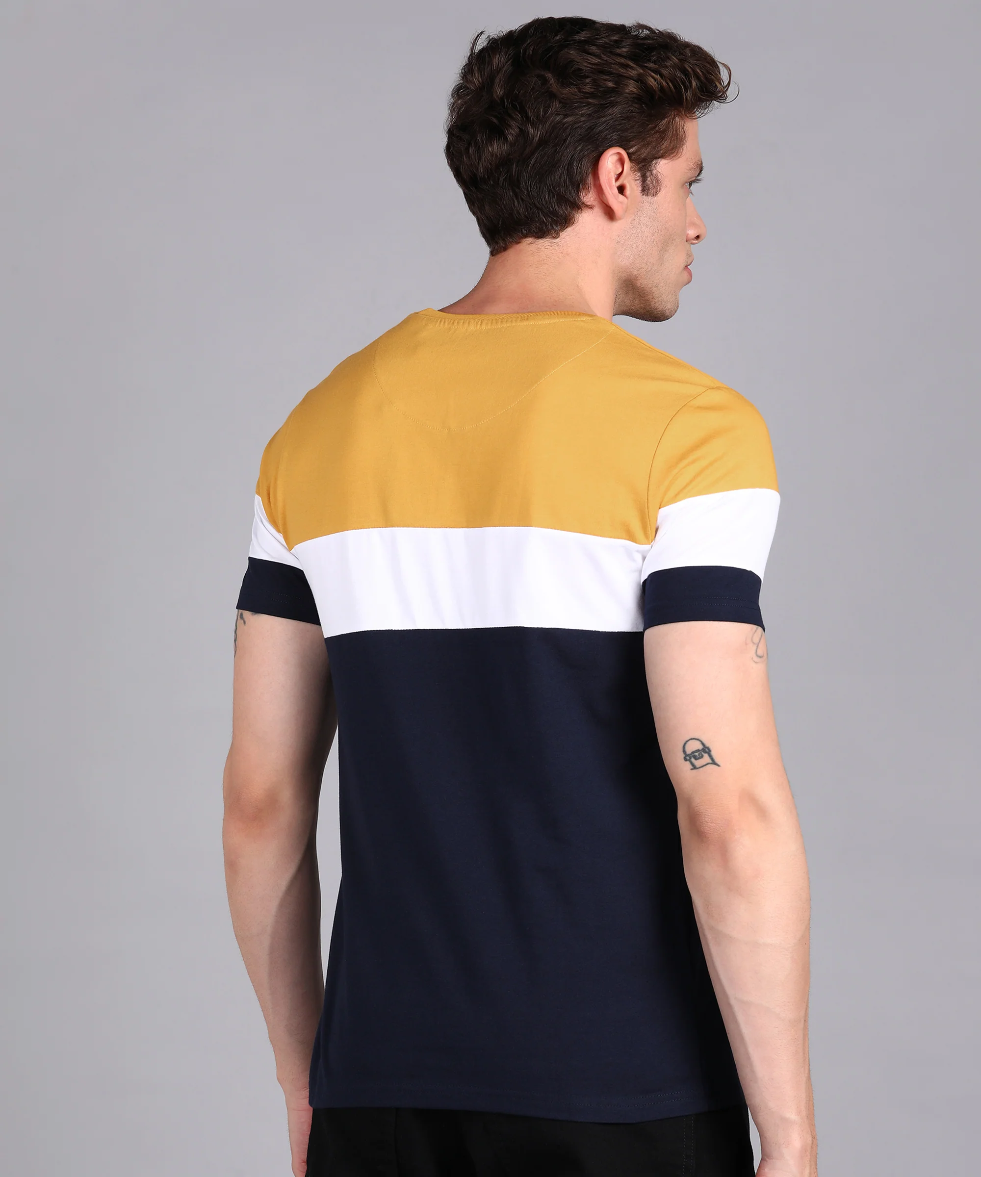 Men's Navy Blue, White, Gold Cotton Color-Block Slim Fit Half Sleeve T-Shirt - Image 3