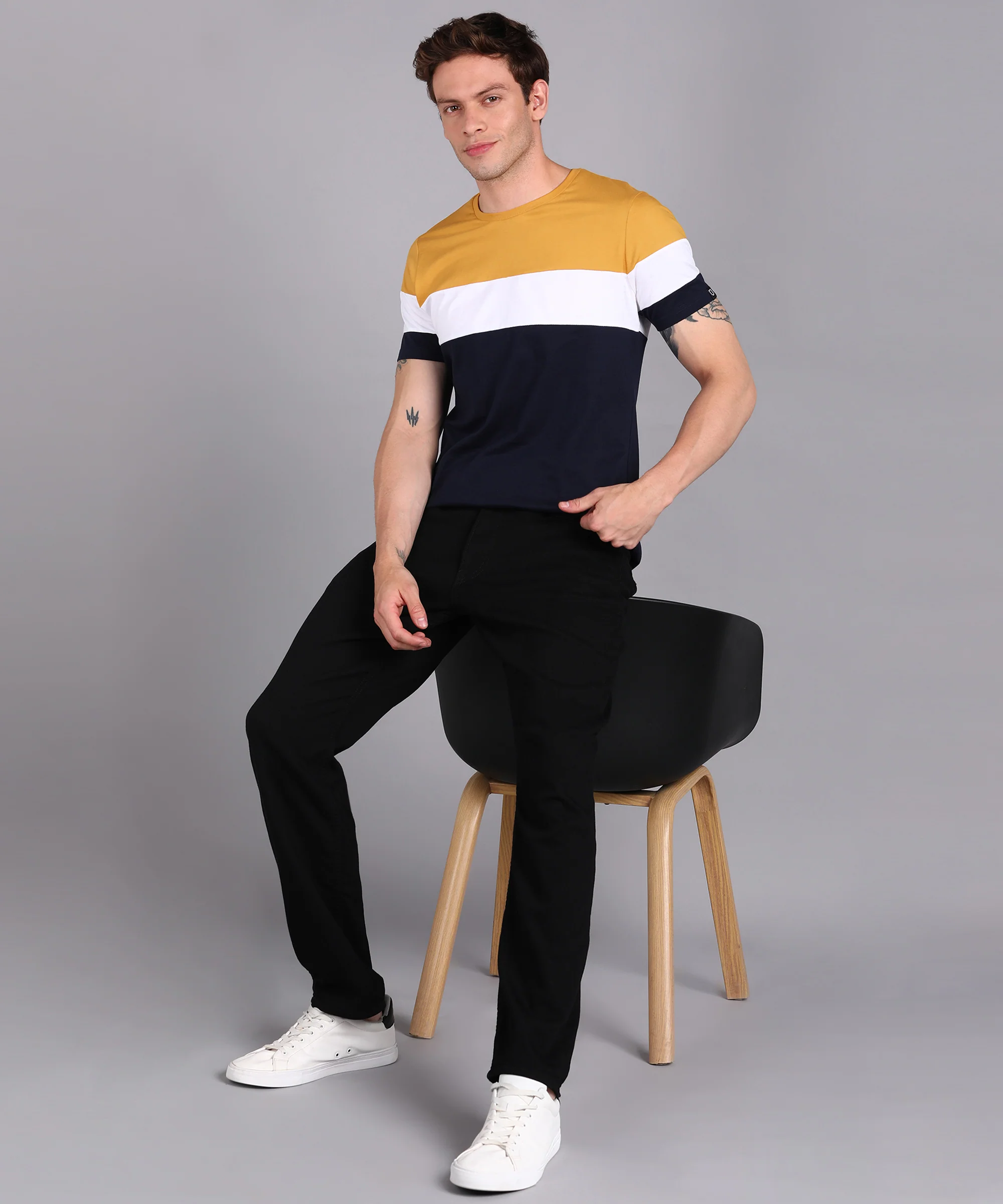 Men's Navy Blue, White, Gold Cotton Color-Block Slim Fit Half Sleeve T-Shirt - Image 4