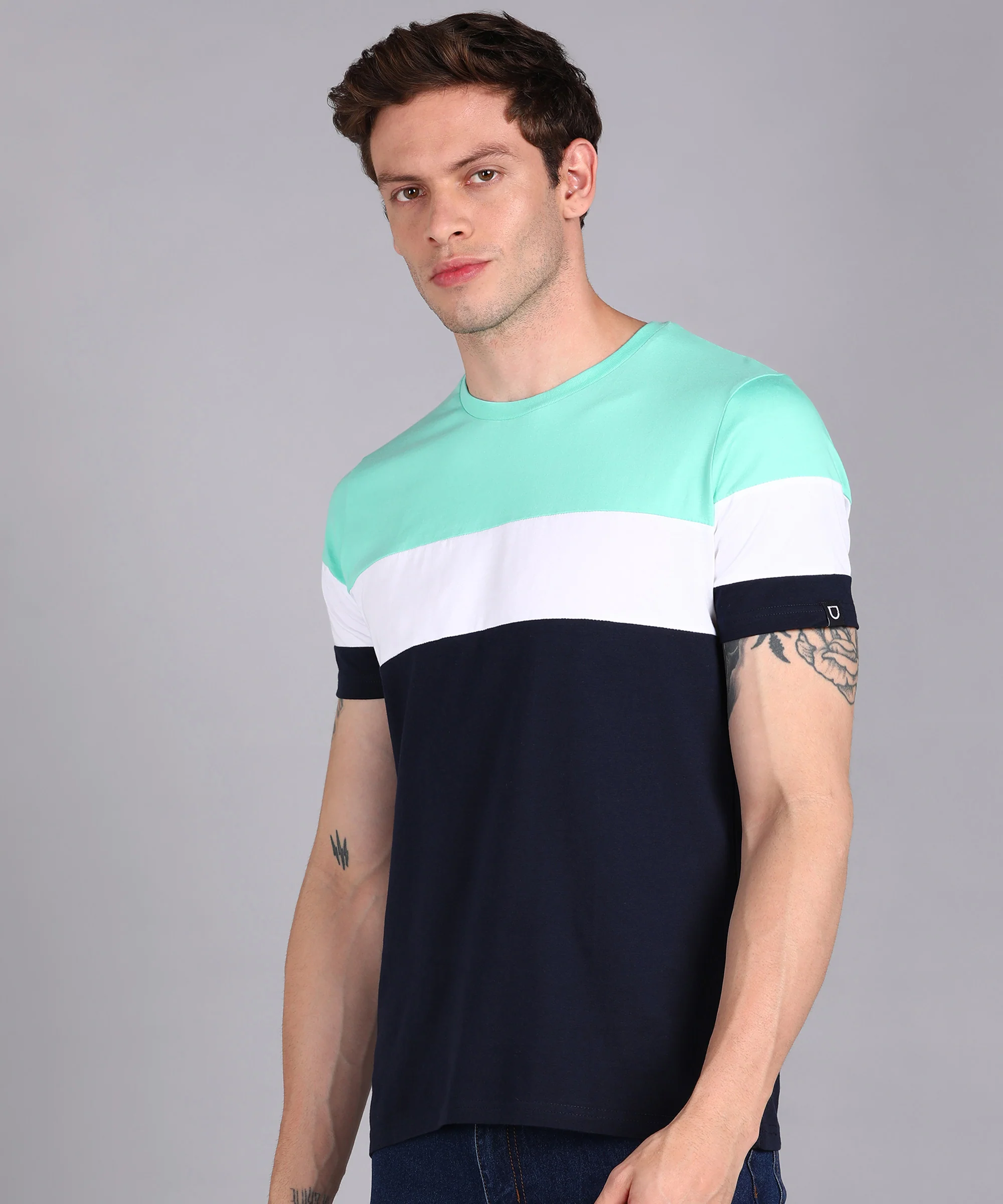 Men's Navy Blue, White, Mint Green Cotton Color-Block Slim Fit Half Sleeve T-Shirt - Image 2