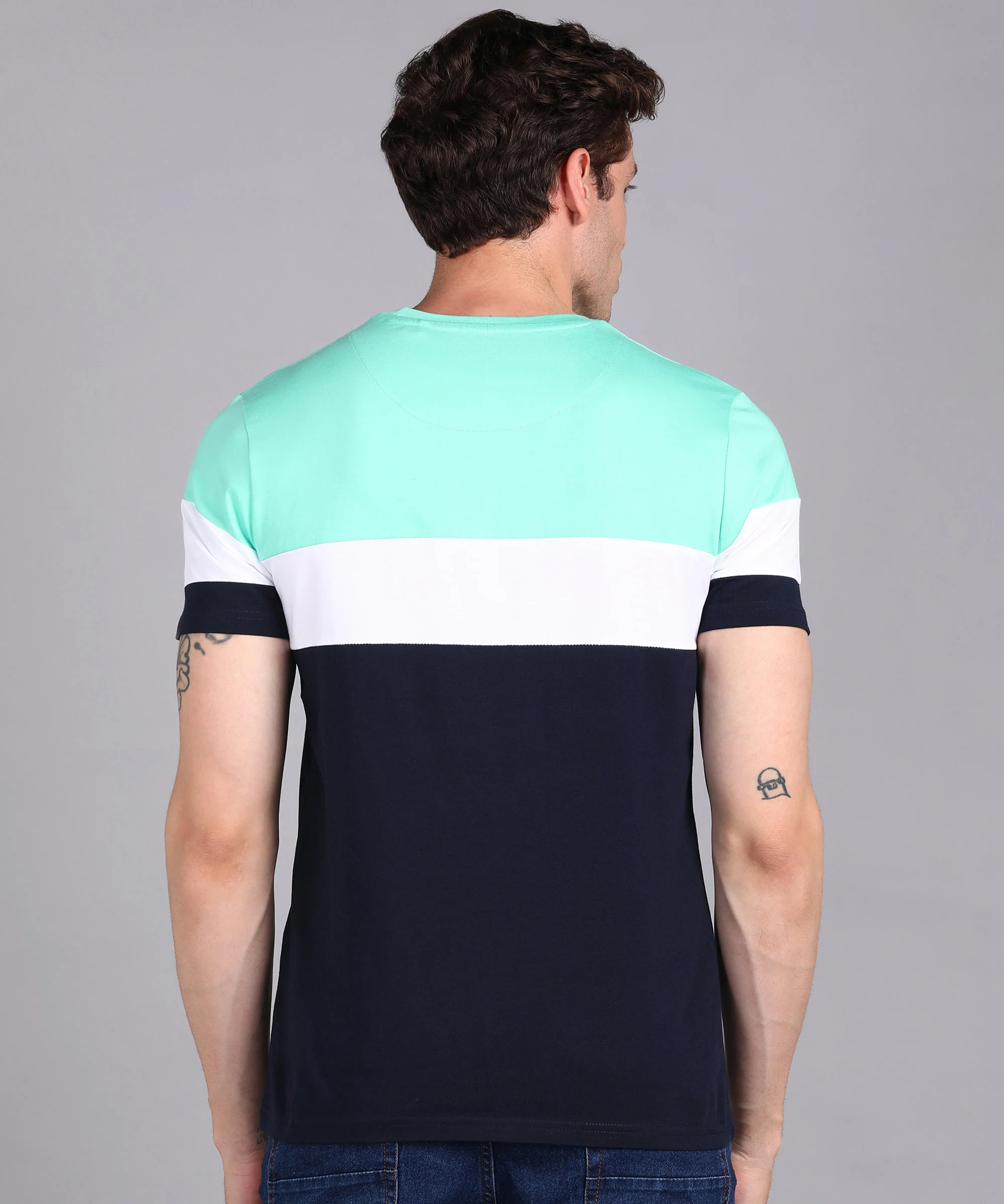 Men's Navy Blue, White, Mint Green Cotton Color-Block Slim Fit Half Sleeve T-Shirt - Image 3
