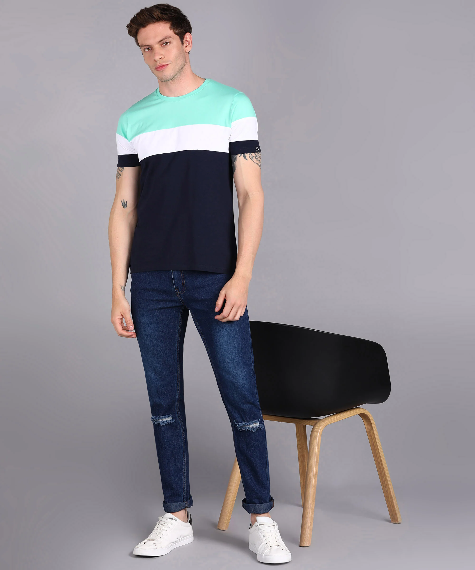 Men's Navy Blue, White, Mint Green Cotton Color-Block Slim Fit Half Sleeve T-Shirt - Image 4