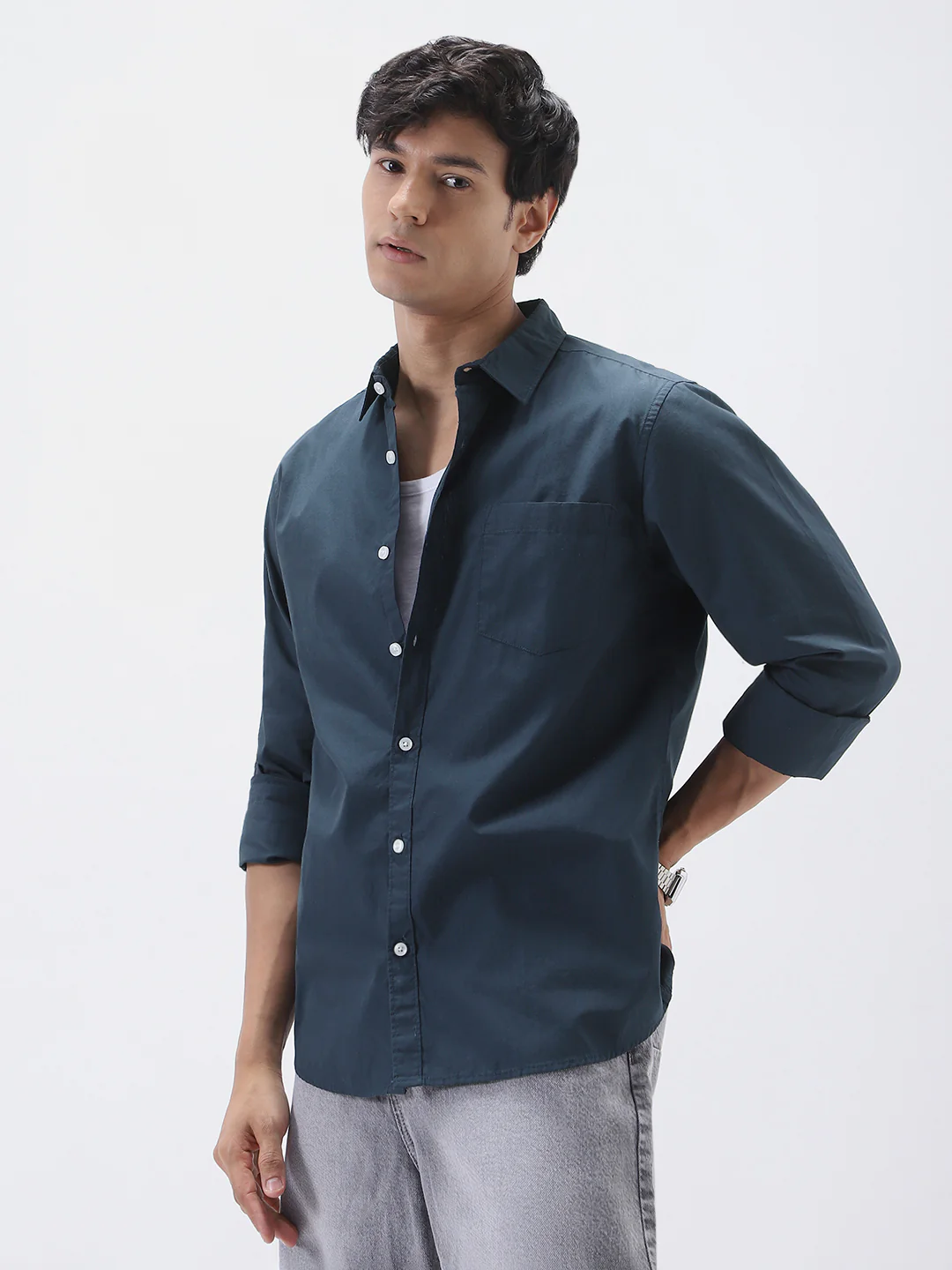 Men's Navy Cotton Full Sleeve Regular Fit Casual Solid Shirt - Image 2