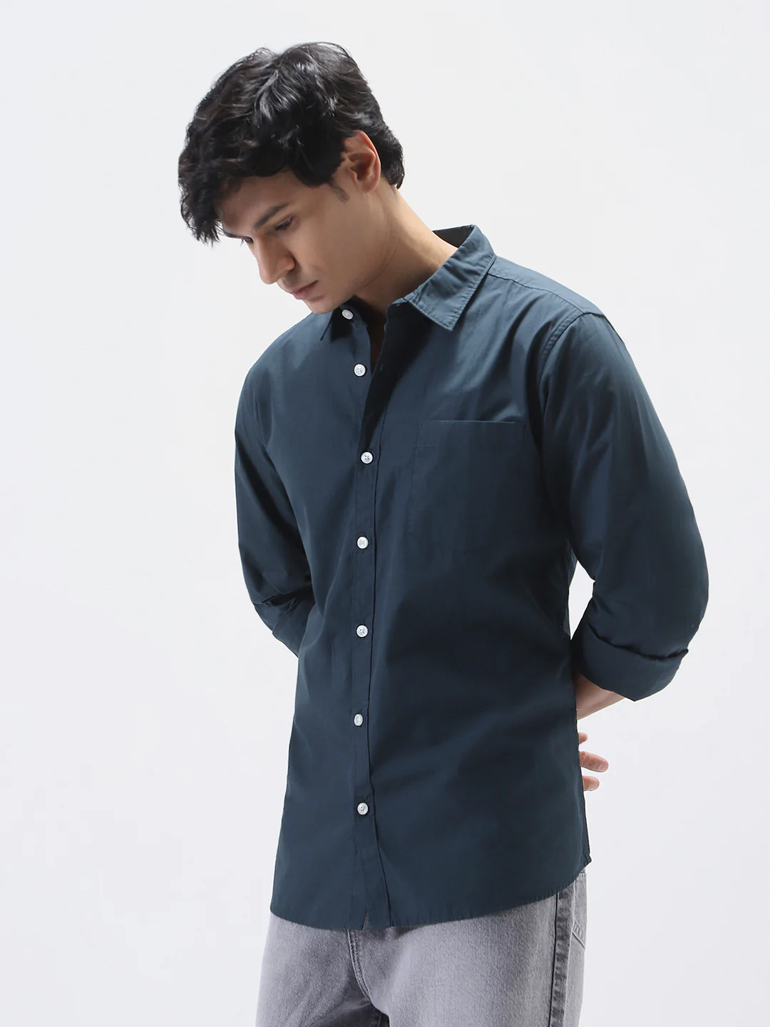 Men's Navy Cotton Full Sleeve Regular Fit Casual Solid Shirt - Image 3