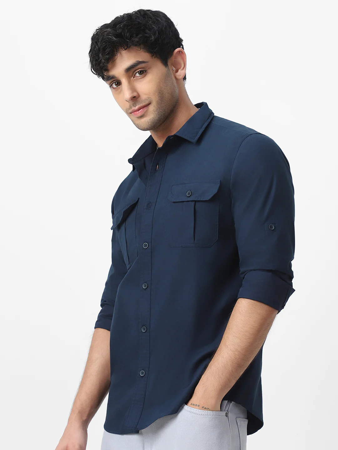 Men's Navy Cotton Full Sleeve Regular Fit Casual Solid Shirt - Image 3