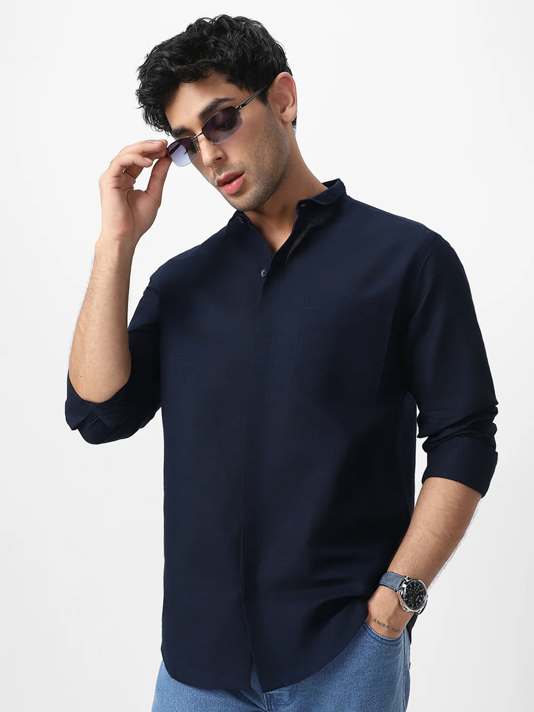 Men's Navy Cotton Full Sleeve Regular Fit Casual Solid Shirt with Band Collar - Image 2