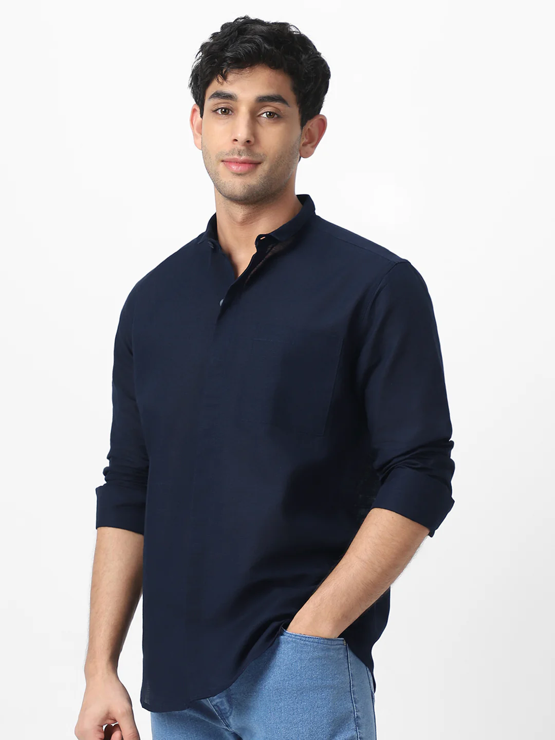 Men's Navy Cotton Full Sleeve Regular Fit Casual Solid Shirt with Band Collar - Image 3