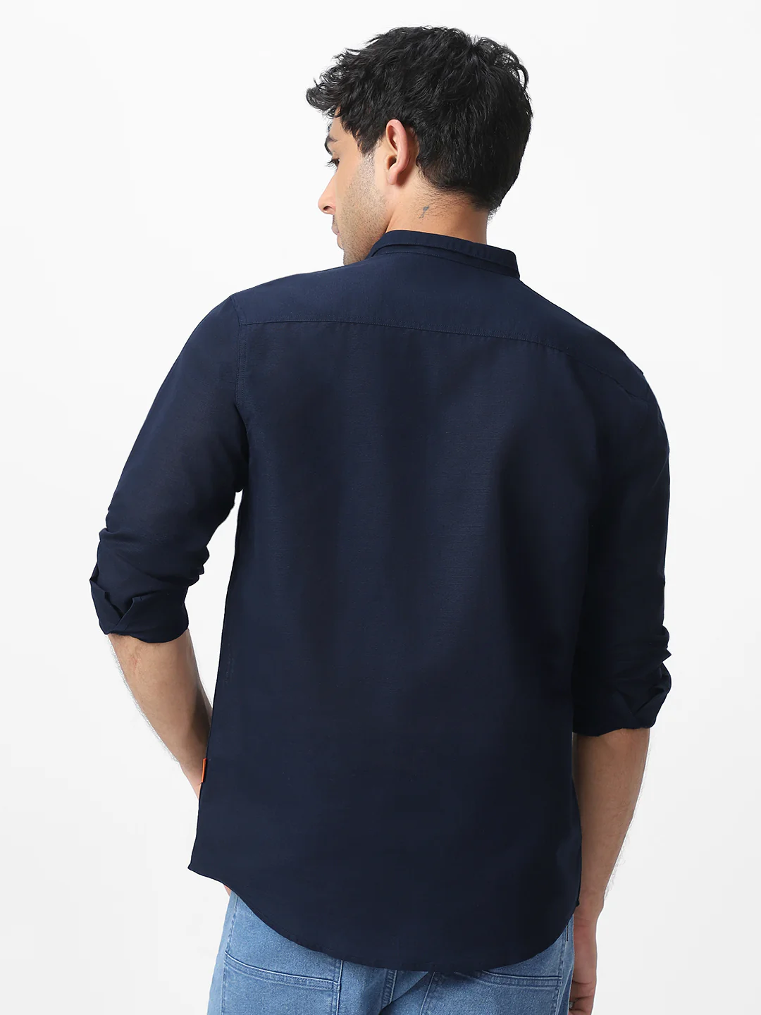 Men's Navy Cotton Full Sleeve Regular Fit Casual Solid Shirt with Band Collar - Image 4