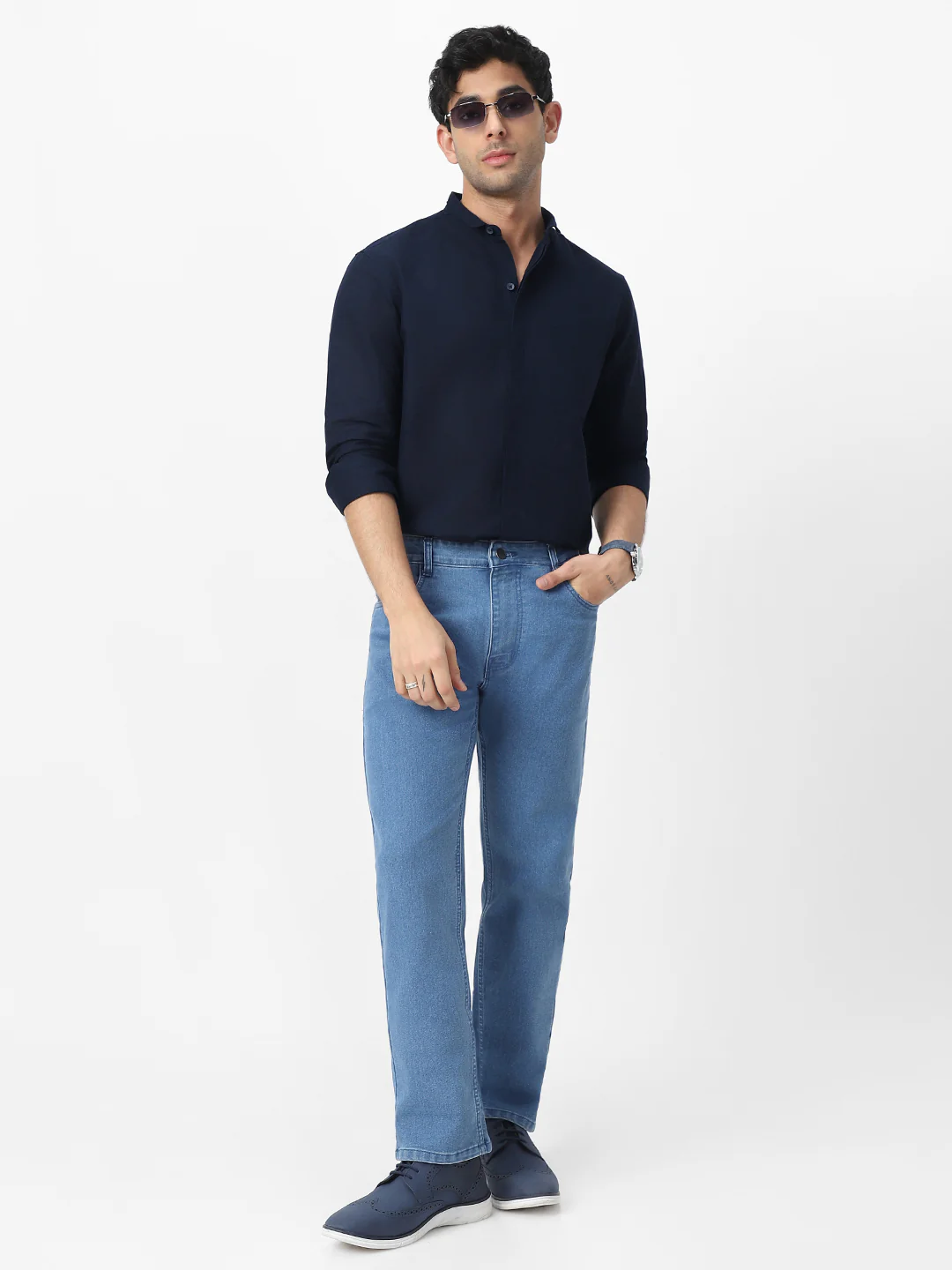 Men's Navy Cotton Full Sleeve Regular Fit Casual Solid Shirt with Band Collar - Image 5