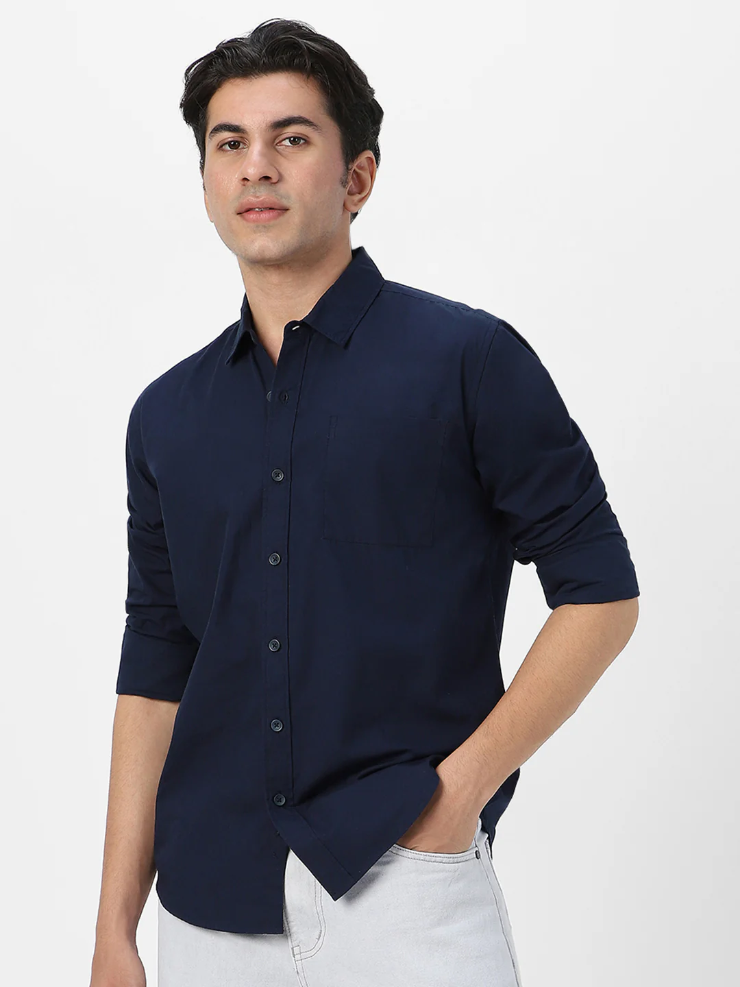 Men's Navy Cotton Full Sleeve Regular Fit Casual Solid Shirt - Image 3