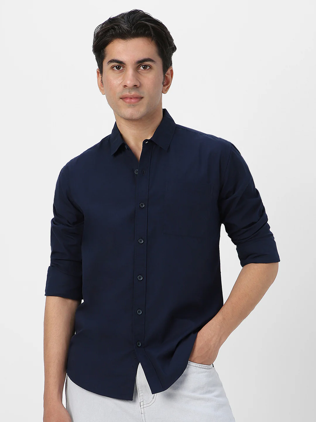 Men's Navy Cotton Full Sleeve Regular Fit Casual Solid Shirt - Image 4