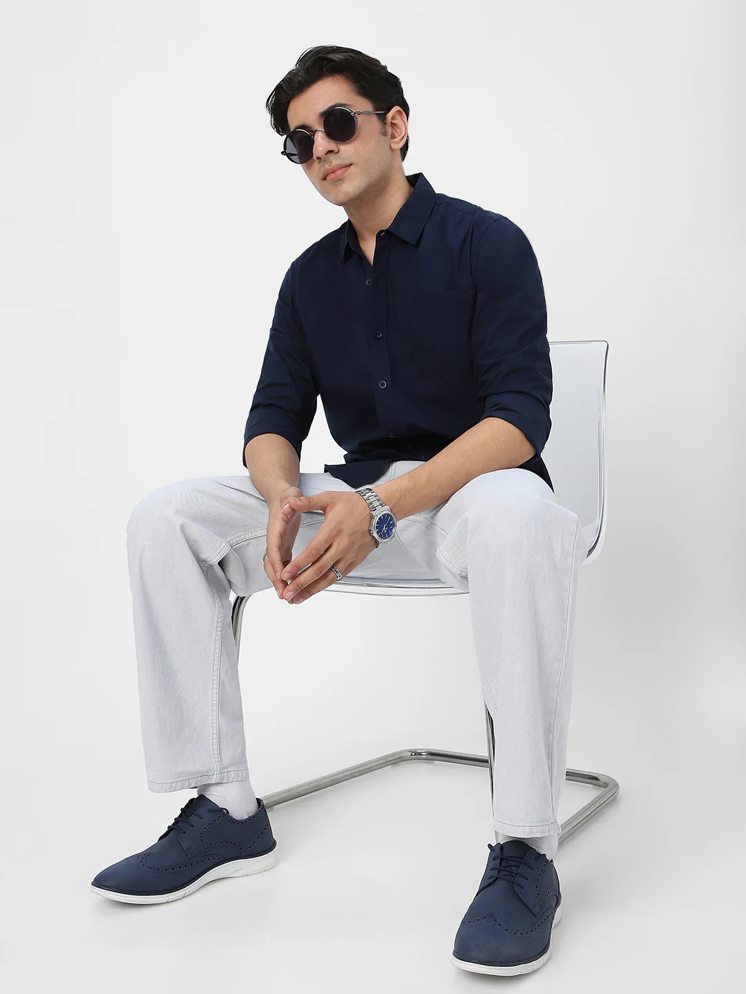 Men's Navy Cotton Full Sleeve Regular Fit Casual Solid Shirt - Image 6