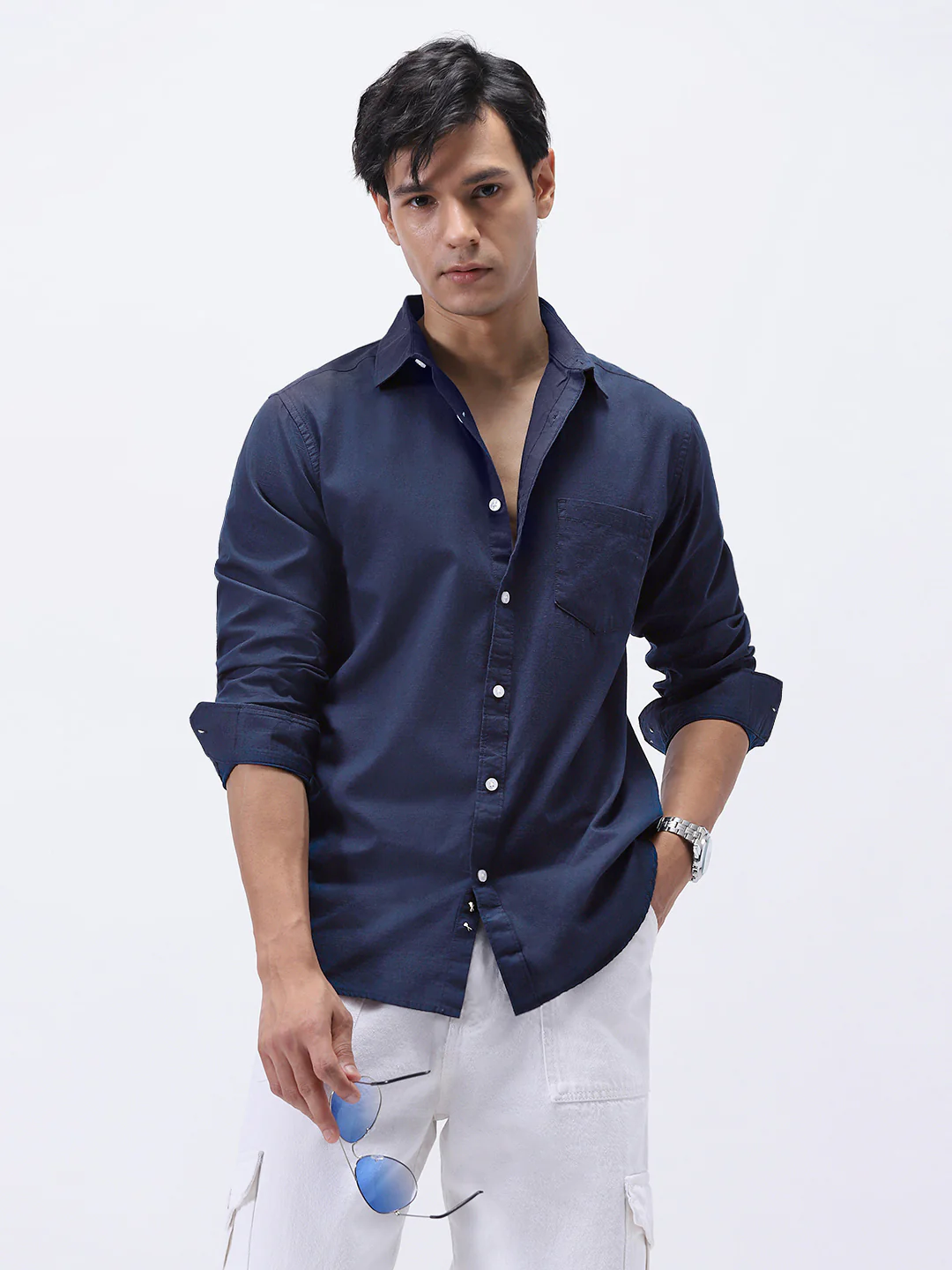 Men's Navy Cotton Full Sleeve Regular Fit Casual Solid Slub Shirt with Spread Collar