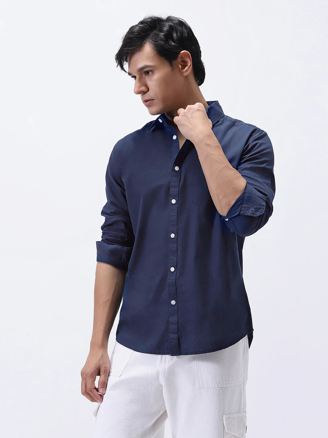 Men's Navy Cotton Full Sleeve Regular Fit Casual Solid Slub Shirt with Spread Collar - Image 2