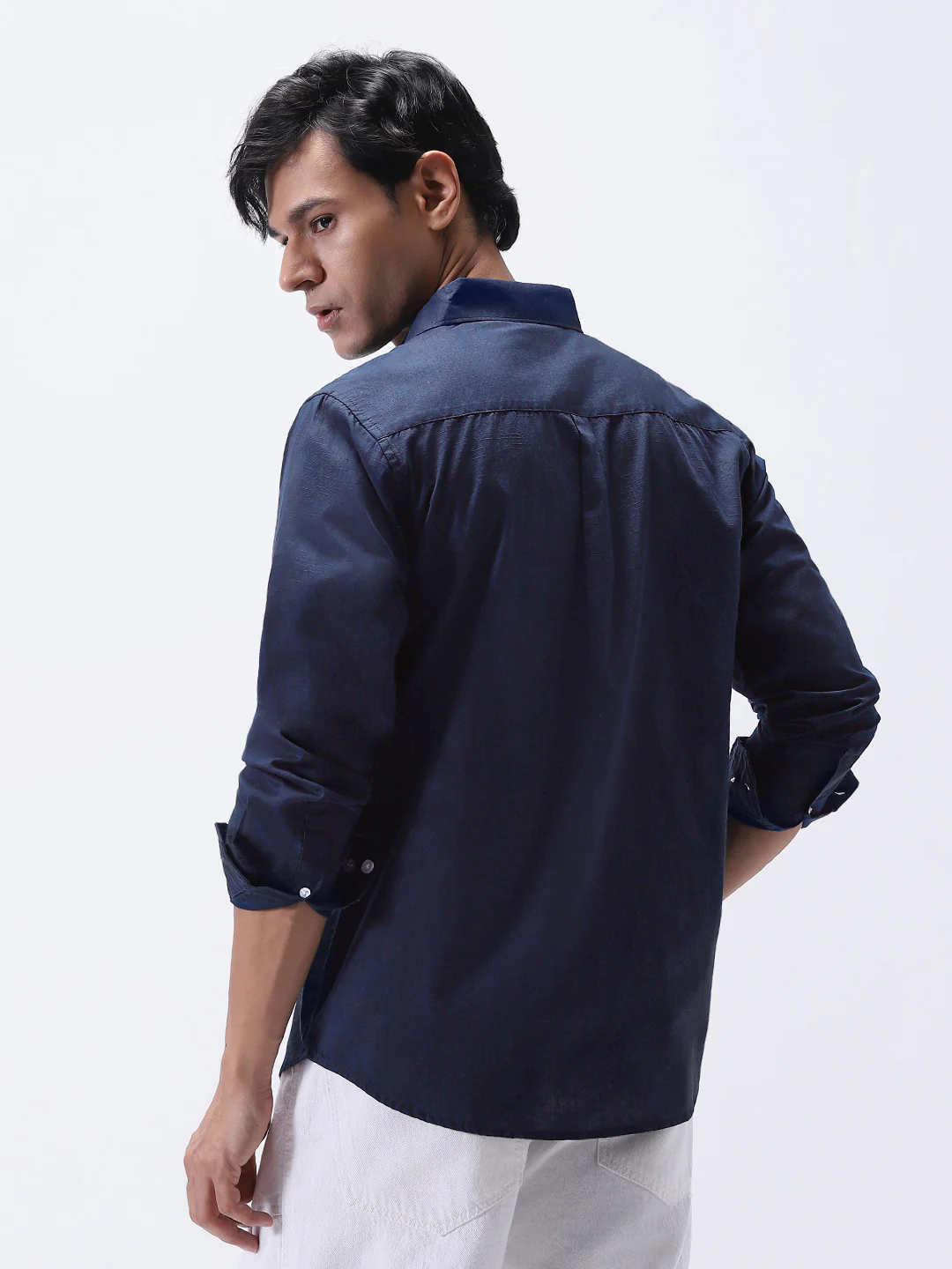 Men's Navy Cotton Full Sleeve Regular Fit Casual Solid Slub Shirt with Spread Collar - Image 3