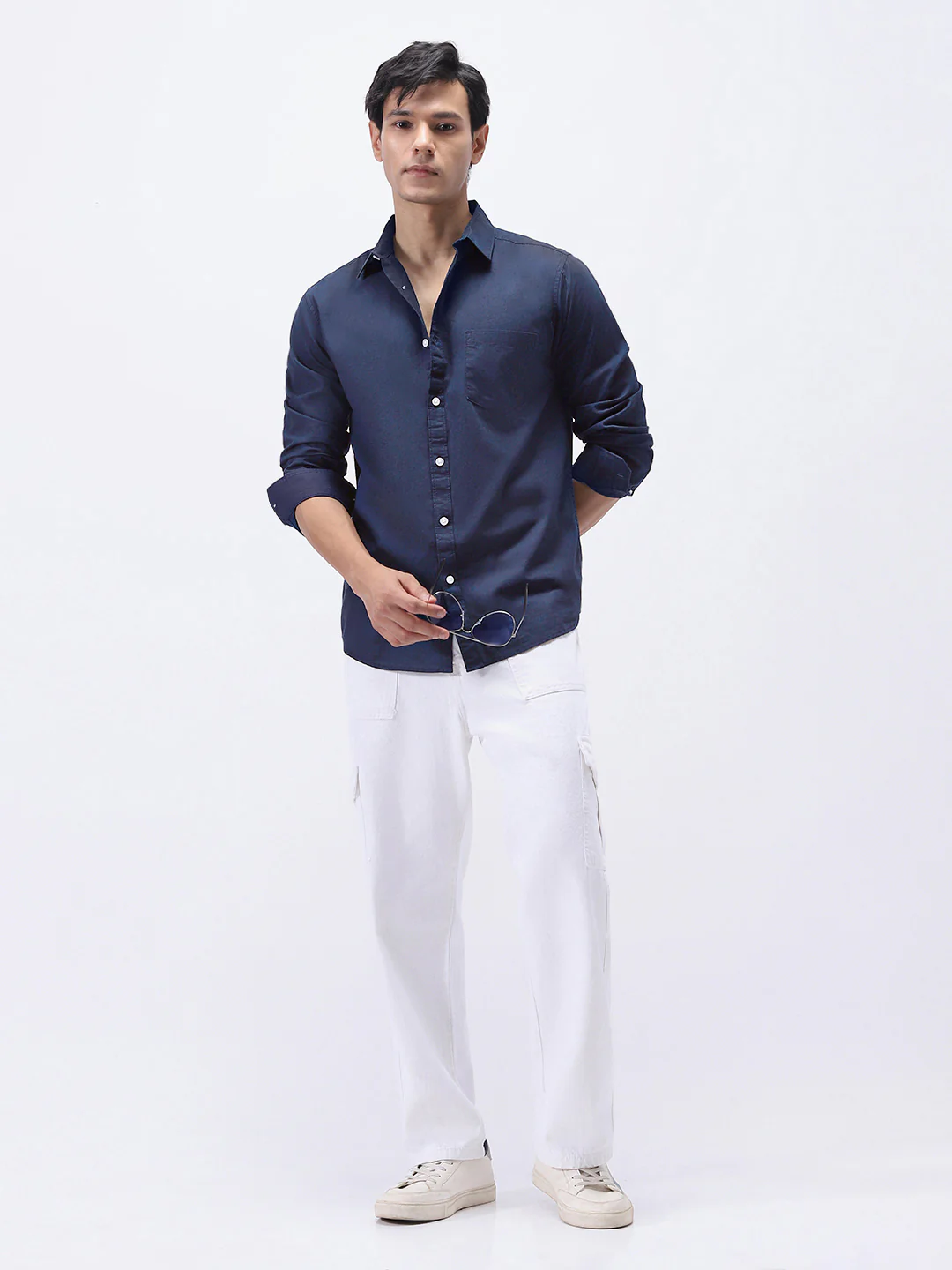 Men's Navy Cotton Full Sleeve Regular Fit Casual Solid Slub Shirt with Spread Collar - Image 4