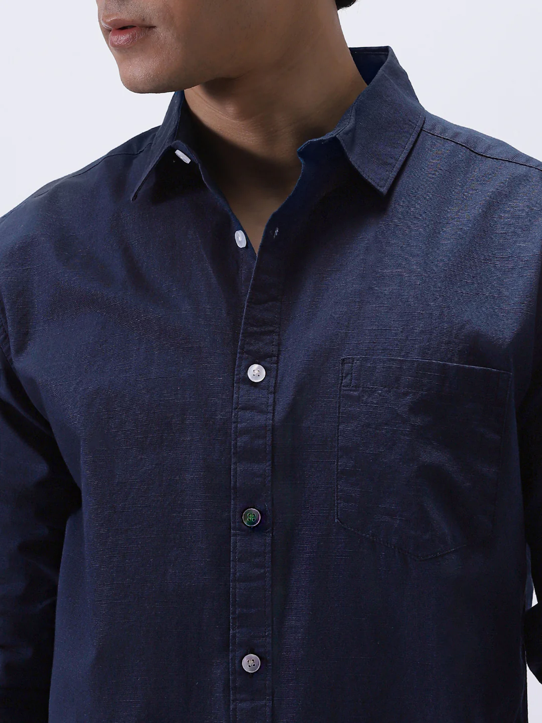 Men's Navy Cotton Full Sleeve Regular Fit Casual Solid Slub Shirt with Spread Collar - Image 5
