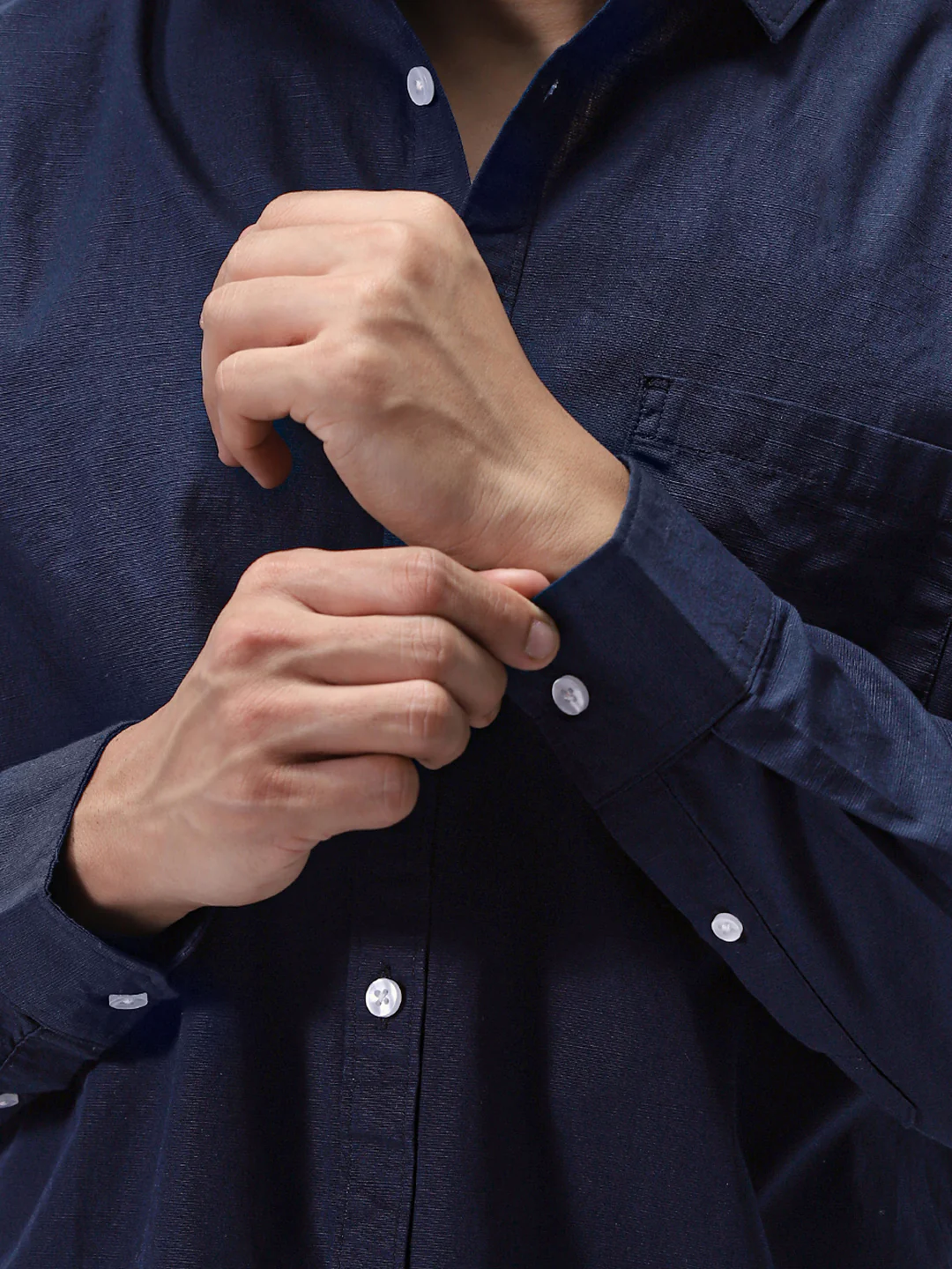 Men's Navy Cotton Full Sleeve Regular Fit Casual Solid Slub Shirt with Spread Collar - Image 6