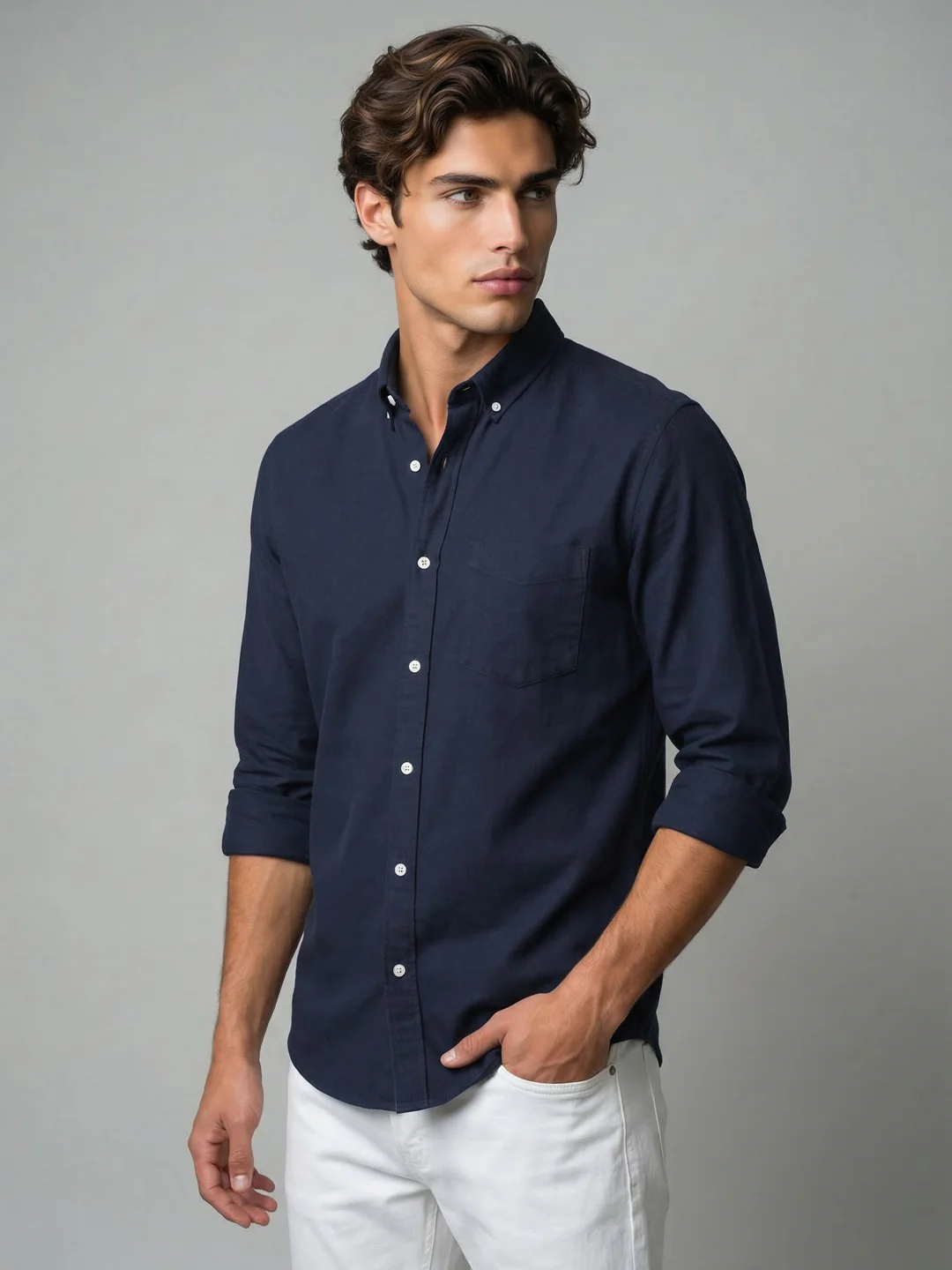 Men's Navy Cotton Full Sleeve Regular Fit Solid Oxford Shirt With Button-Down Collar - Image 2