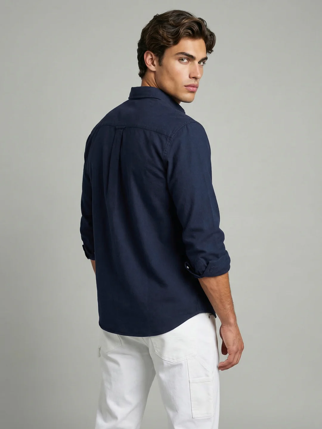 Men's Navy Cotton Full Sleeve Regular Fit Solid Oxford Shirt With Button-Down Collar - Image 3