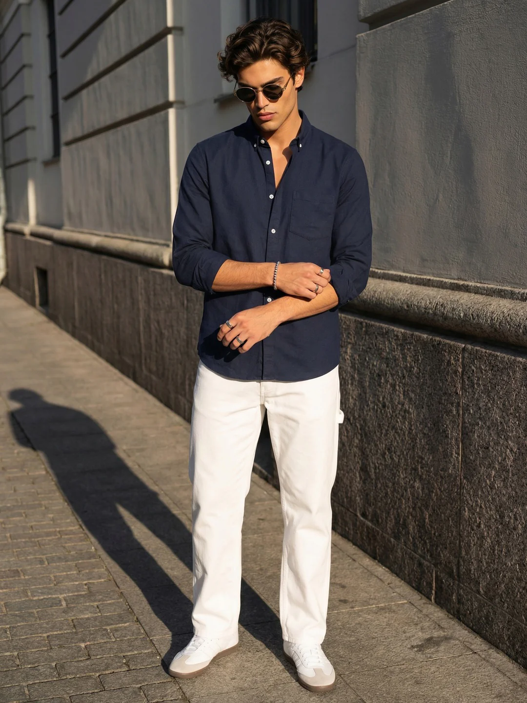 Men's Navy Cotton Full Sleeve Regular Fit Solid Oxford Shirt With Button-Down Collar - Image 4
