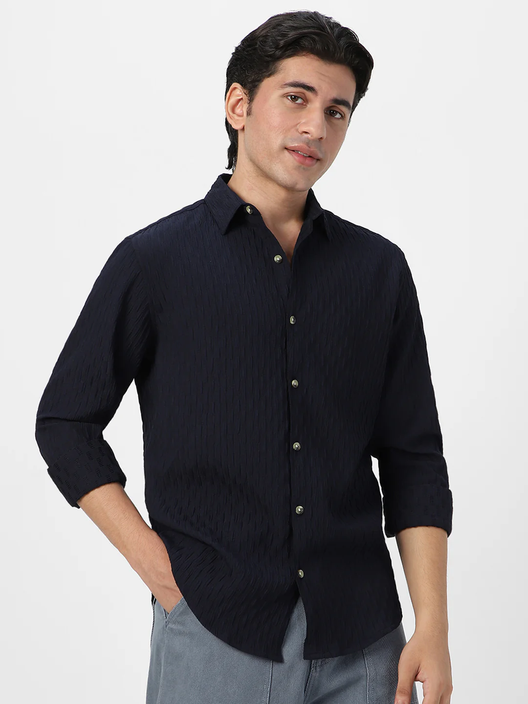 Men's Navy Cotton Full Sleeve Regular Fit Textured Shirt with Spread Collar - Image 3