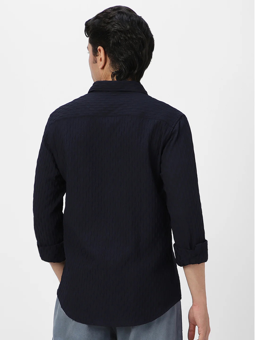 Men's Navy Cotton Full Sleeve Regular Fit Textured Shirt with Spread Collar - Image 4