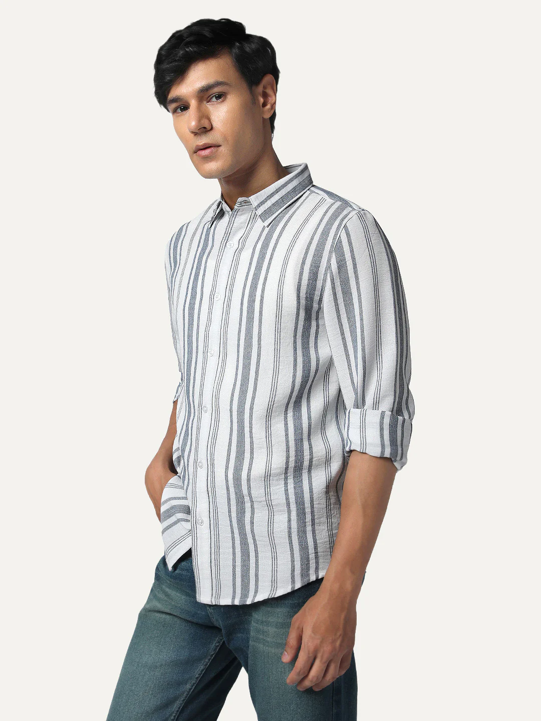 Men's Navy Cotton Full Sleeve Relaxed Fit Linen Striped Shirt with Spread Collar - Image 3