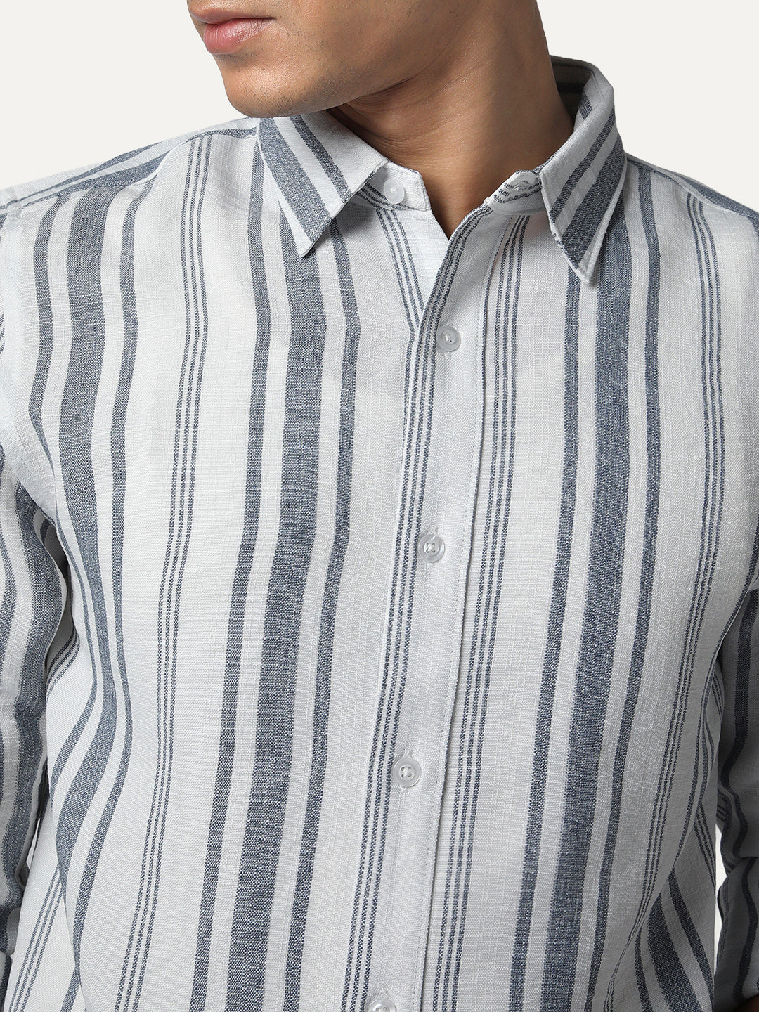 Men's Navy Cotton Full Sleeve Relaxed Fit Linen Striped Shirt with Spread Collar - Image 6