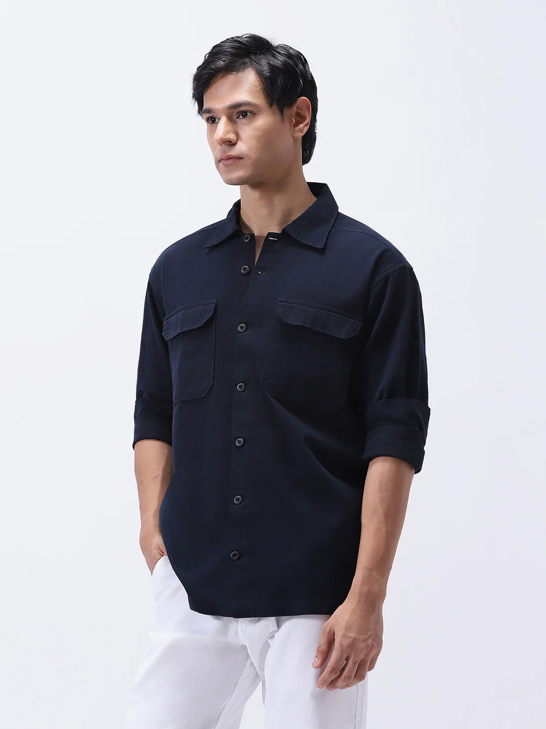 Men's Navy Cotton Full Sleeve Relaxed Fit Shacket with Utility Pockets - Image 2