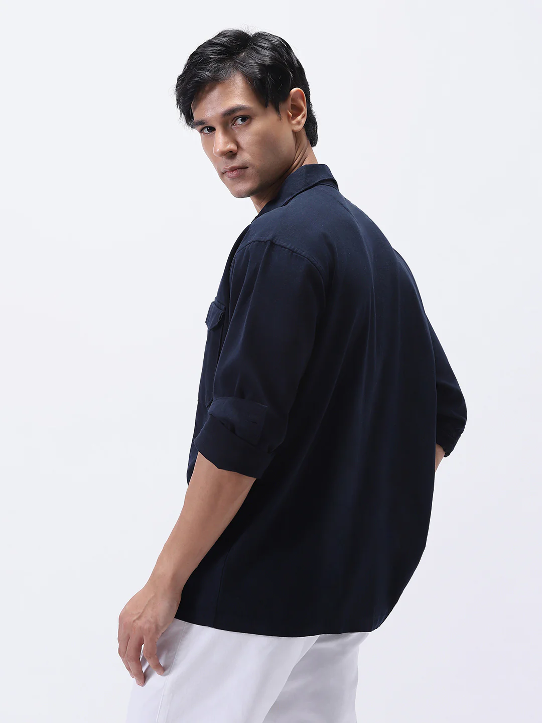 Men's Navy Cotton Full Sleeve Relaxed Fit Shacket with Utility Pockets - Image 3