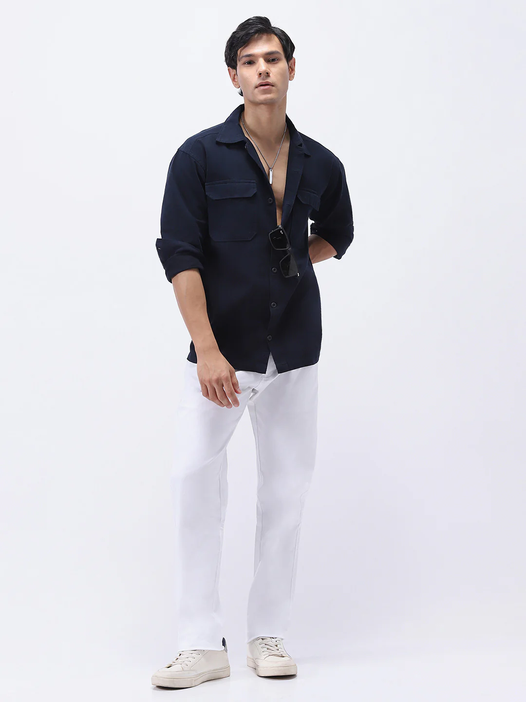 Men's Navy Cotton Full Sleeve Relaxed Fit Shacket with Utility Pockets - Image 4