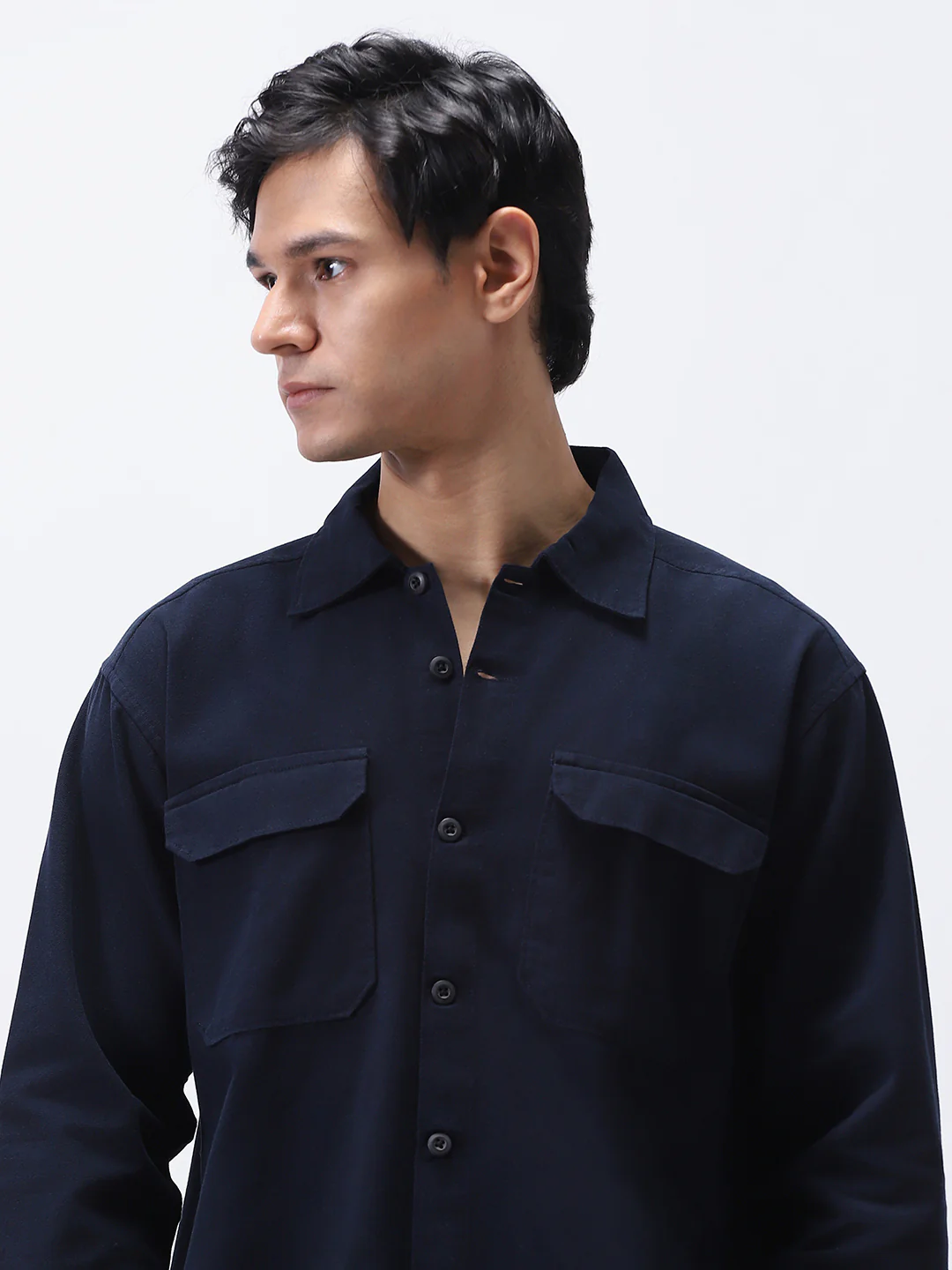 Men's Navy Cotton Full Sleeve Relaxed Fit Shacket with Utility Pockets - Image 5