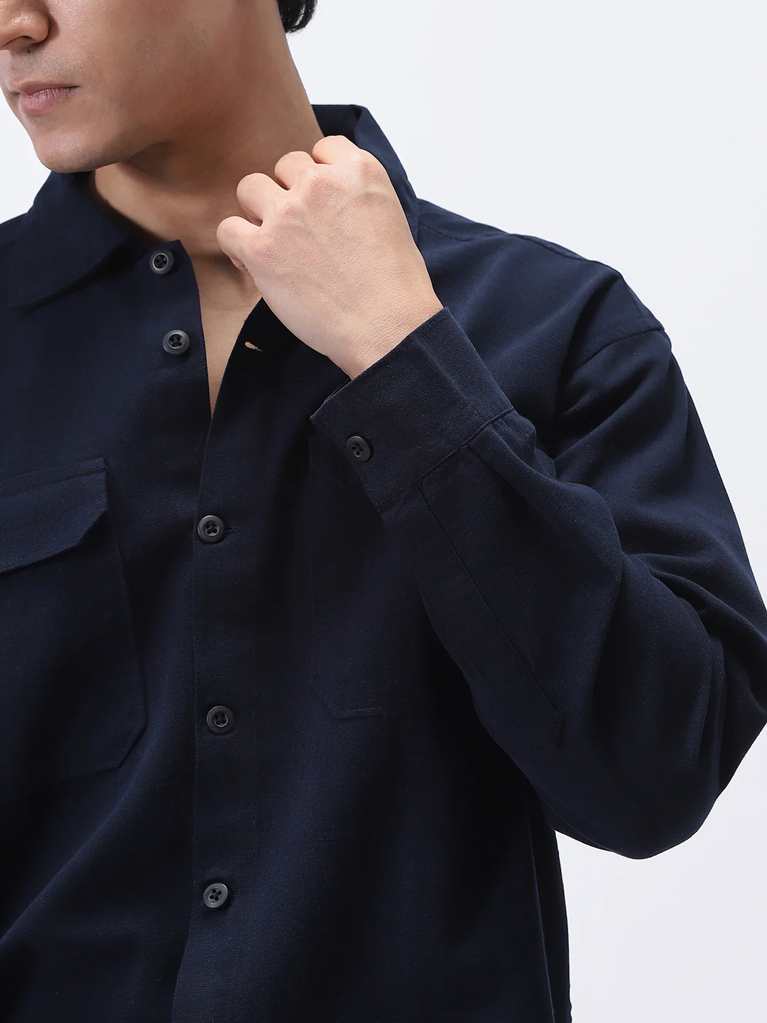 Men's Navy Cotton Full Sleeve Relaxed Fit Shacket with Utility Pockets - Image 6